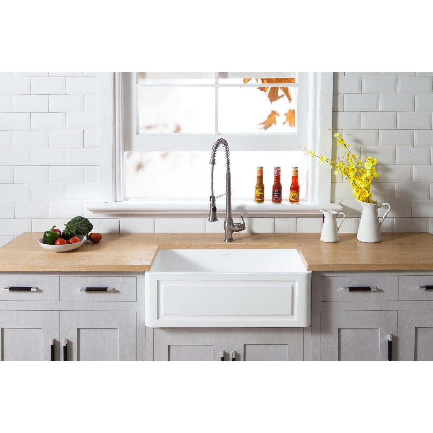 Arcticstone 30 Inch White Farmhouse Kitchen Sink - Single Bowl Undermount with Deck Mount Bridge Faucet, Side Sprayer & Basket Strainer in Polished Chrome - Perfect for Rustic & Modern Kitchen Renovations