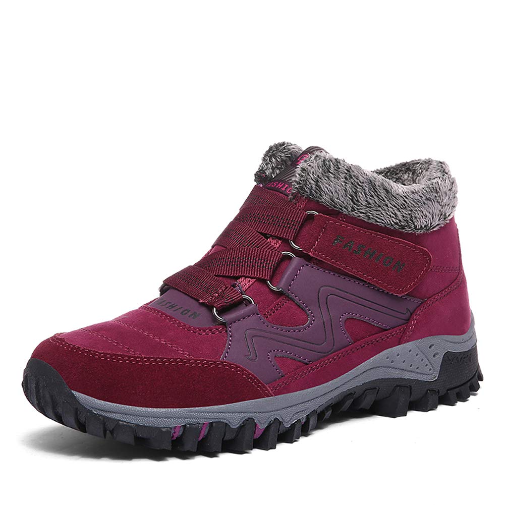Qiucdzi Women's Winter Snow Boots - Warm Fur Lined Anti-Slip Ankle Boots for Outdoor Walking & Trekking - Non-Slip Sole, Comfortable & Stylish (Red, Size 6.5) - Perfect for Snowy Days, Hiking & Cold Weather Adventures