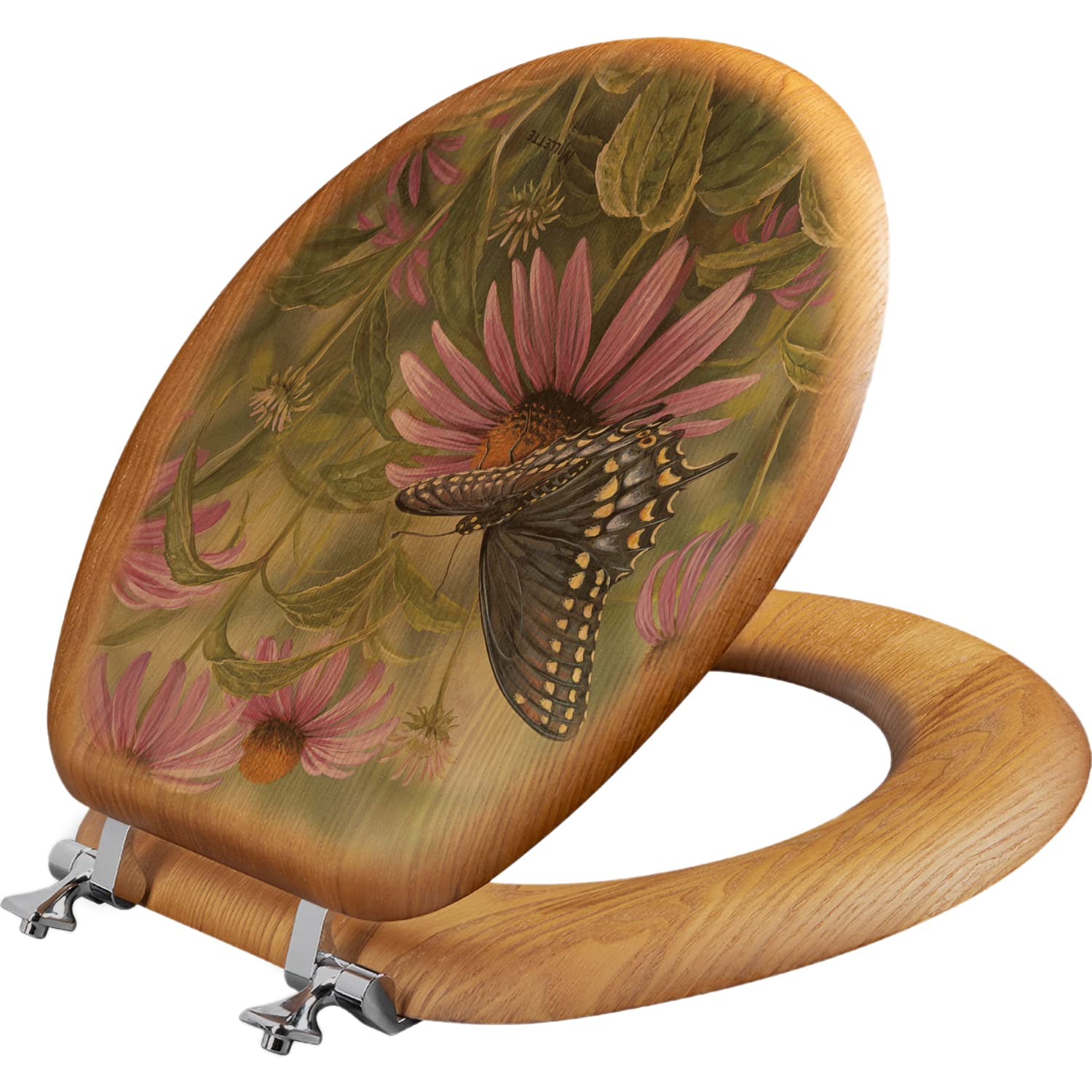 Premium Oak Veneer Round Toilet Seat with Black Swallowtail Butterfly Design - Waterproof & Durable for Bathroom, RV, Camper & Outdoor Use