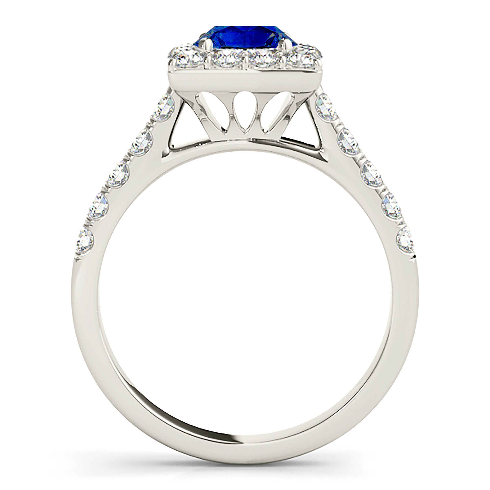 1.35 Carat Genuine Round Blue Sapphire Square Halo Ring - Elegant Engagement, Wedding, Anniversary Jewelry Gift for Her
