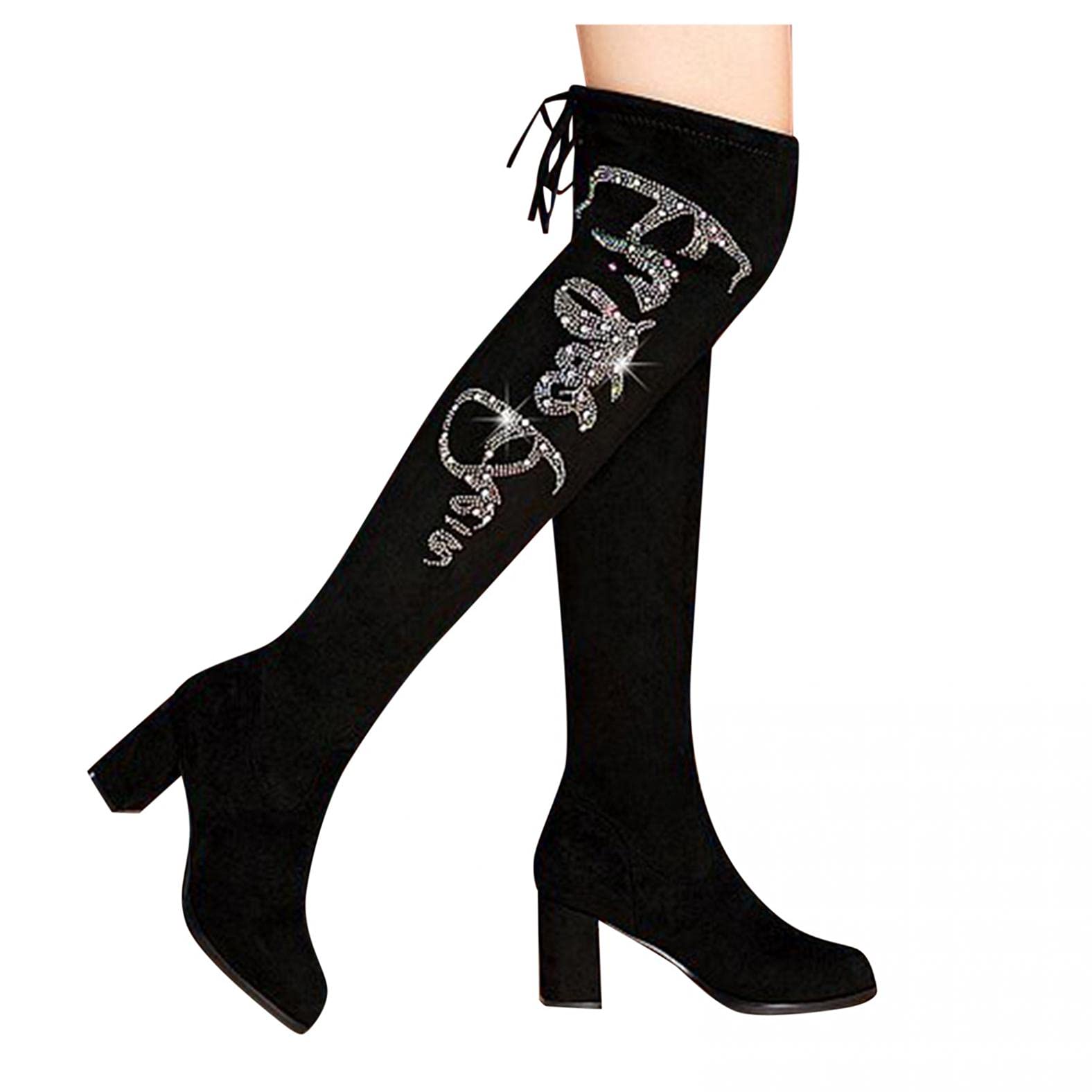 Hbeylia Women's Sexy Rhinestone Glitter Suede Over The Knee Boots - Chunky High Heel Lace Up Thigh High Boots for Fall Winter, Casual, Dress, Wedding & Halloween Outfits | Perfect for Party, Date Night & Holiday Events
