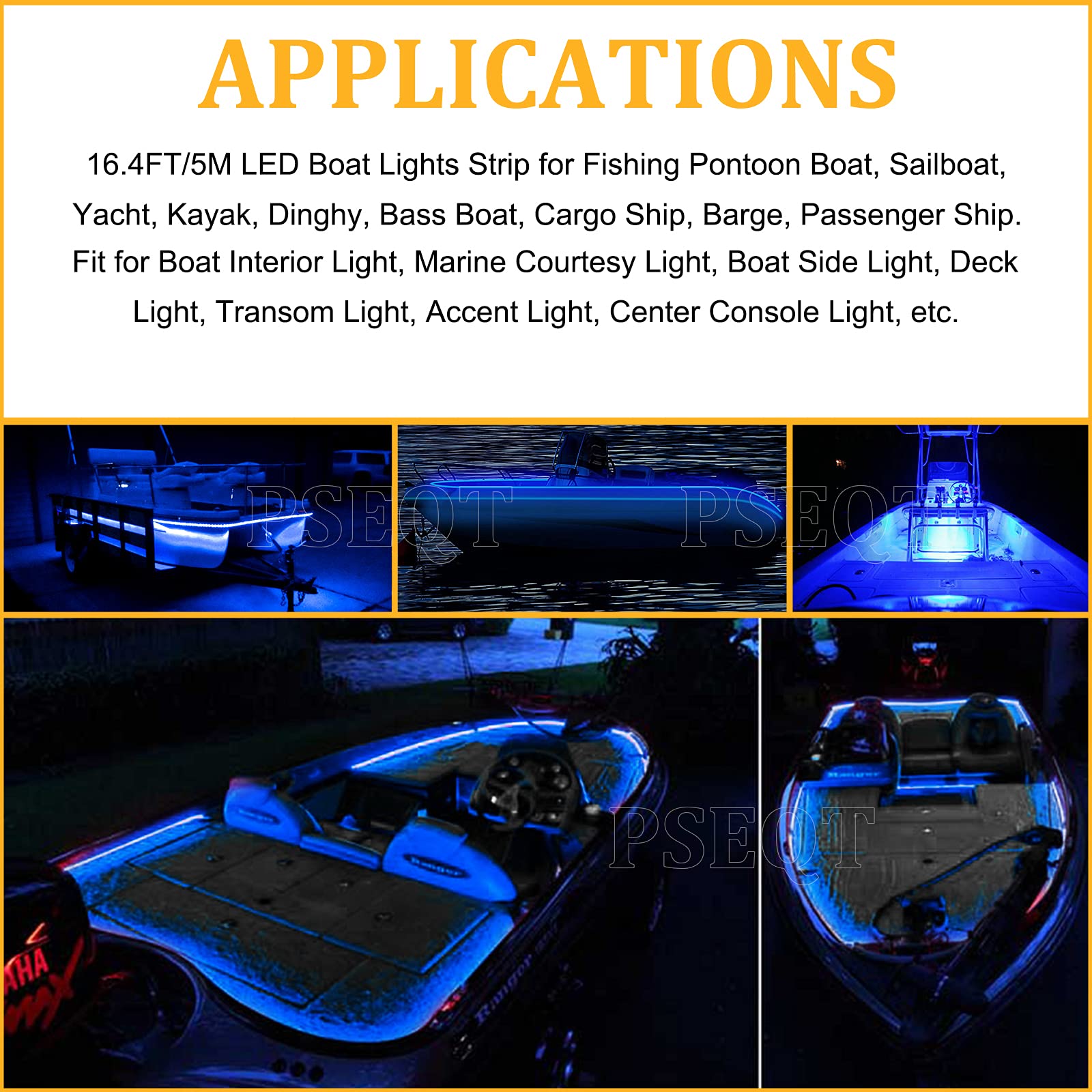 PSEQT 16.4FT/5m Waterproof Blue LED Boat Light Strip - 12V Marine Lighting for Pontoon, Fishing, Duck & Bass Boats, Kayaks, Sailboats - Interior, Deck & Courtesy Accent Lighting | Perfect for Night Fishing & Watercraft Decoration