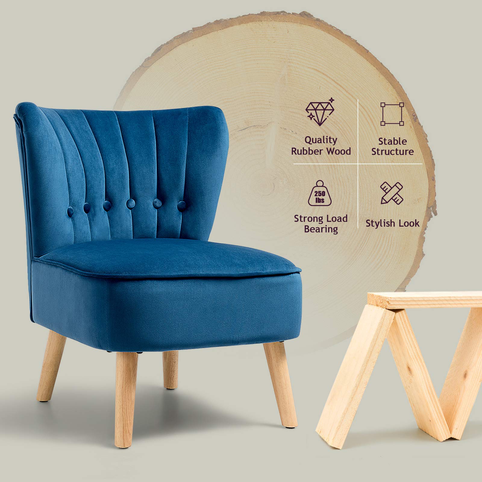 Velvet Wingback Accent Chair - Armless Club Chair with Solid Rubber Wood Legs & Thick Padded Seat, Upholstered Leisure Sofa for Living Room, Bedroom, Guest Room, Coffee Shop - Perfect for Reading Nook, Home Office, Lounge Area (Blue)