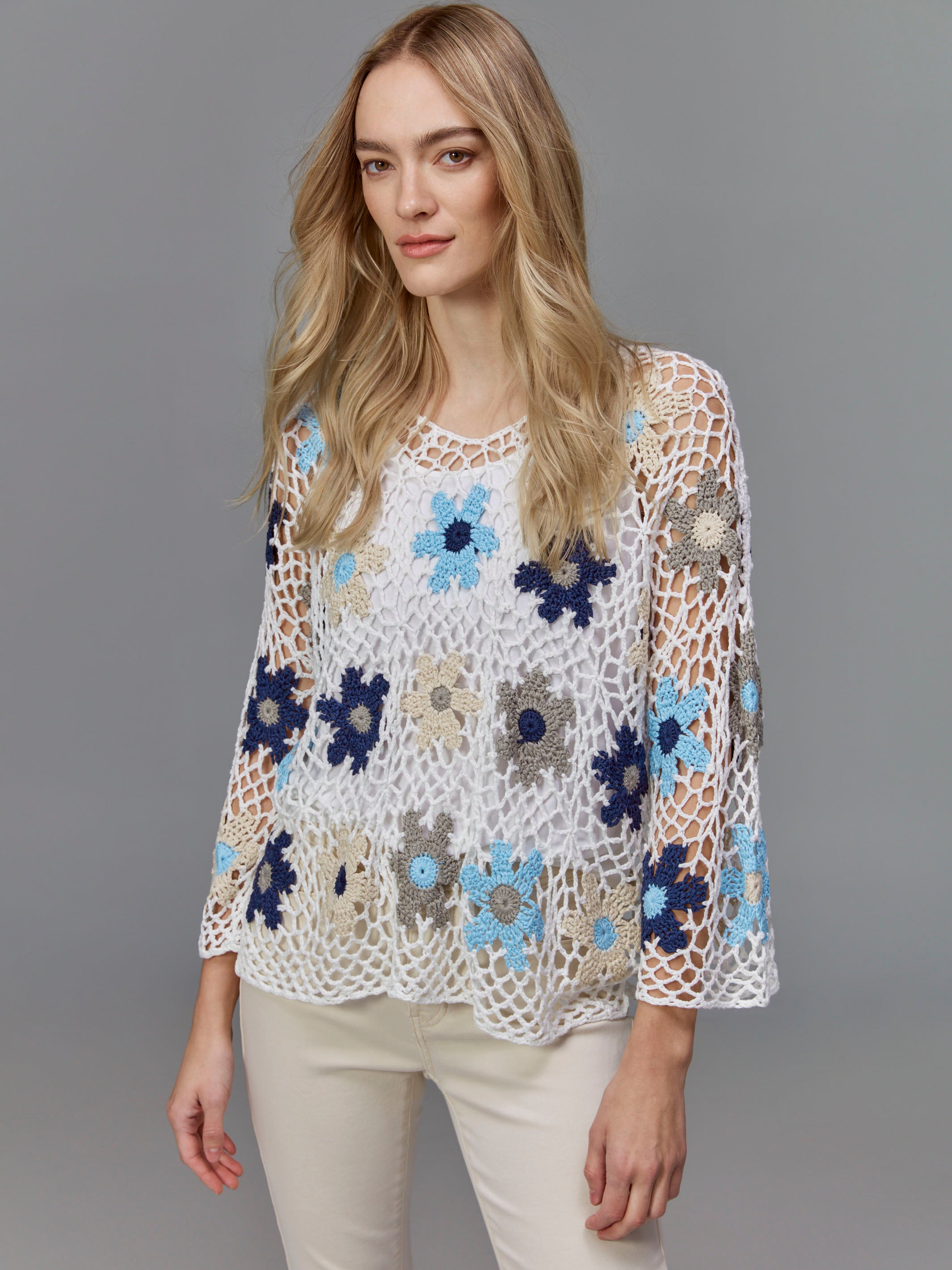 Handmade Floral Crochet Top for Women - Bohemian Summer Beach Blouse in Blue | Perfect for Music Festivals, Vacations & Casual Outings