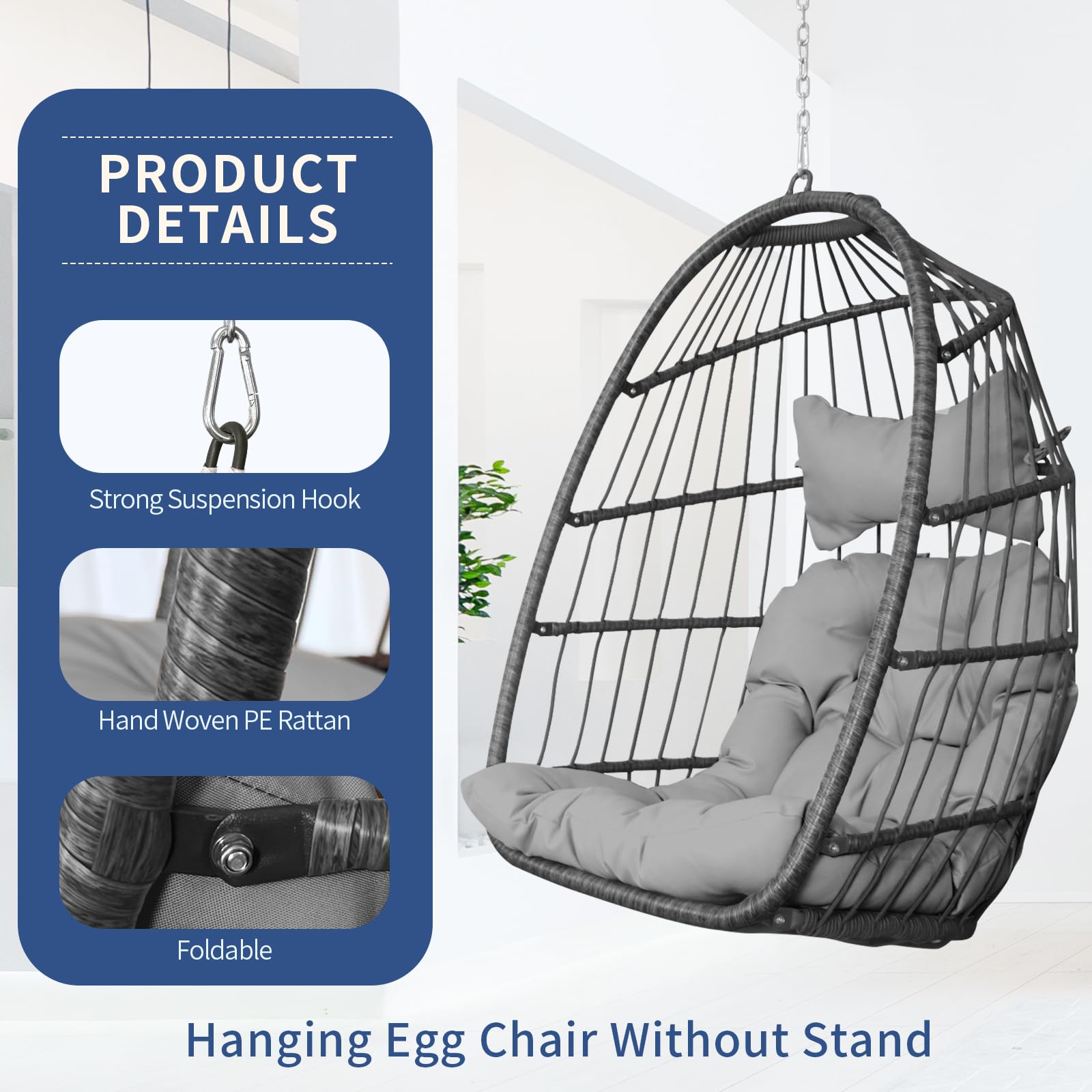 Nicesoul Hanging Egg Chair Without Stand - Indoor/Outdoor Swing Egg Basket with Cushion, 300lbs Capacity - Gray Hammock Chair for Patio, Backyard, Balcony, Bedroom, Porch - Perfect for Relaxing, Reading & Lounging