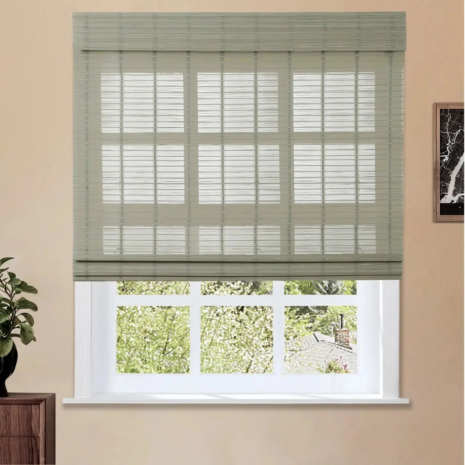 Sybil Bamboo Roman Shade Cord Lift - Natural Wood Window Blinds for Home & Office - Perfect for Living Room, Bedroom, and Kitchen Privacy