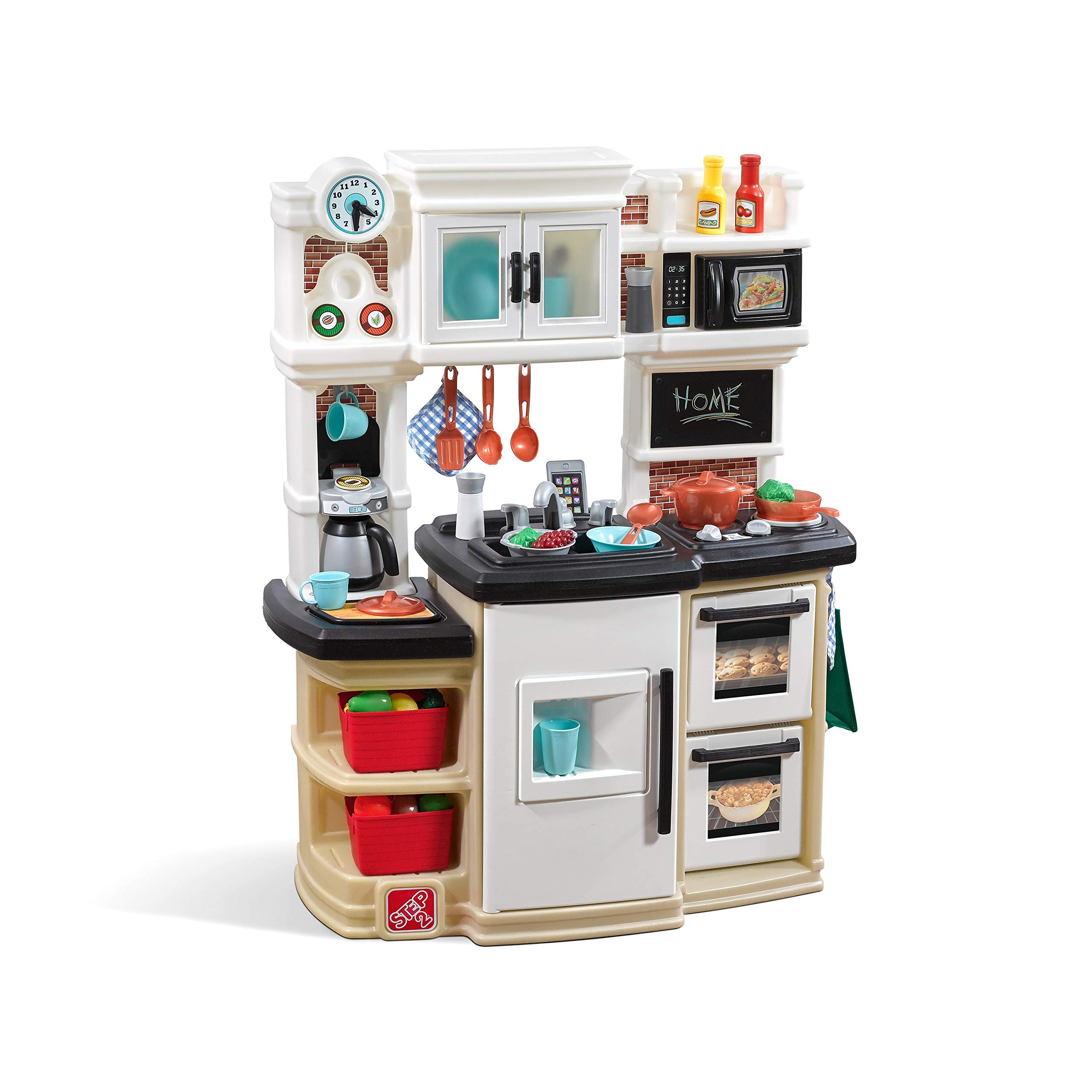 Step2 Great Gourmet Kids Kitchen Playset - Indoor/Outdoor Pretend Play Kitchen with Lights & Sounds - Durable Plastic Toy Kitchenette with 33 Accessories - Perfect for Toddlers Ages 3+ (Tan) - Ideal for Pretend Cooking, Role Play & Outdoor Backyard Fun