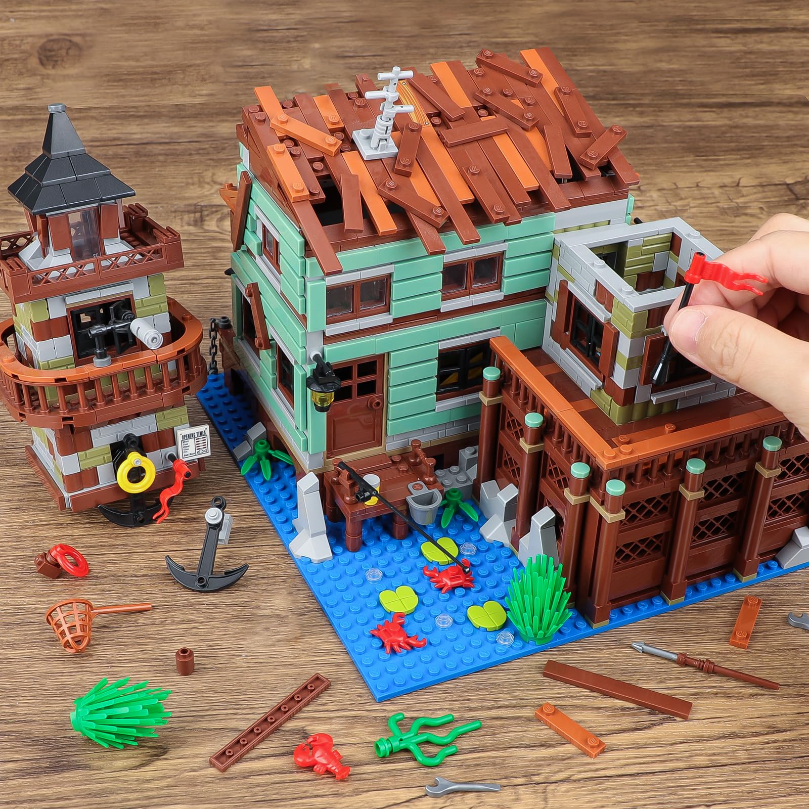1881-Piece Wooden Cabin Mini Building Block Set with LED Lights - STEM Architecture Toy Kit for Adults & Kids Ages 8-12+ | Fishing Village Store House Model | Perfect Birthday Gift & Home Decoration (Not Compatible with Other Sets)