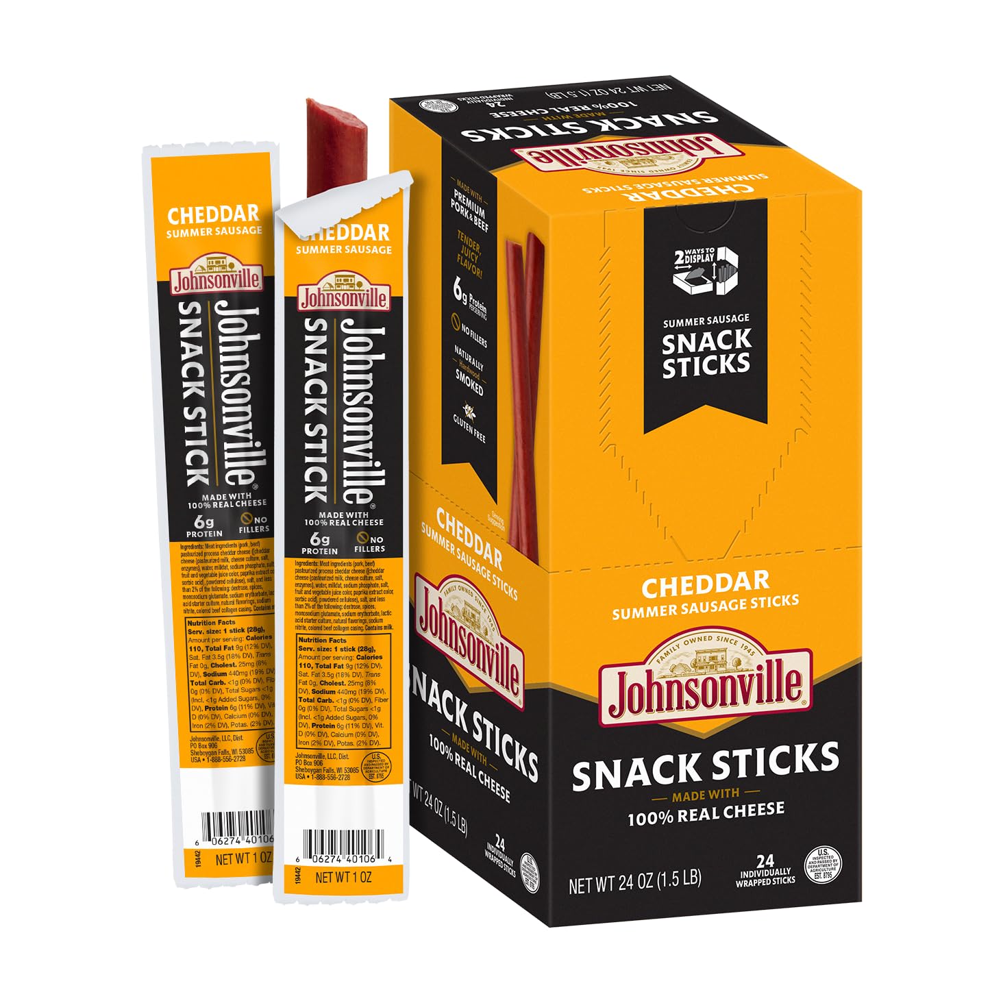 Johnsonville Summer Sausage Snack Sticks - Gluten Free Protein Snacks, Cheddar Flavor, 1 oz (24-Pack) - High Protein Keto & Paleo Friendly Snacks for Hiking, Camping & On-The-Go Nutrition