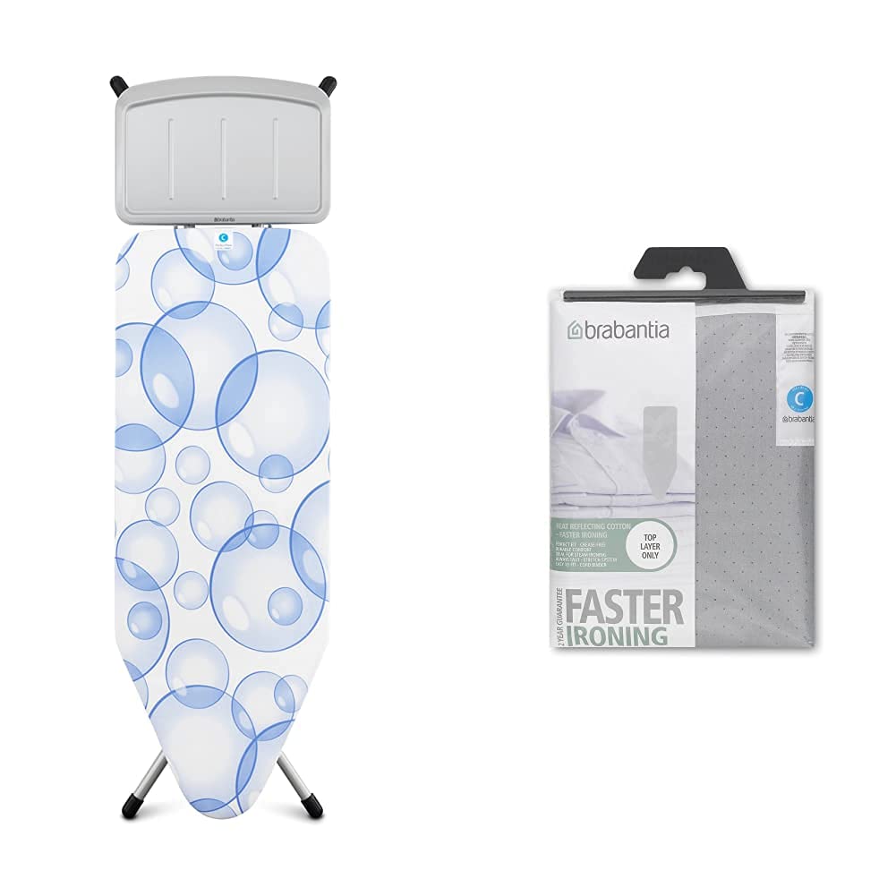 Brabantia PerfectFlow Ironing Board with Faster Ironing Cover - Stainless Steel, Blue Bubbles Design, 49 x 18 Inches - Premium Fabric Ironing Board Cover for Home & Professional Use - Ideal for Clothes, Linens & Fabric Care