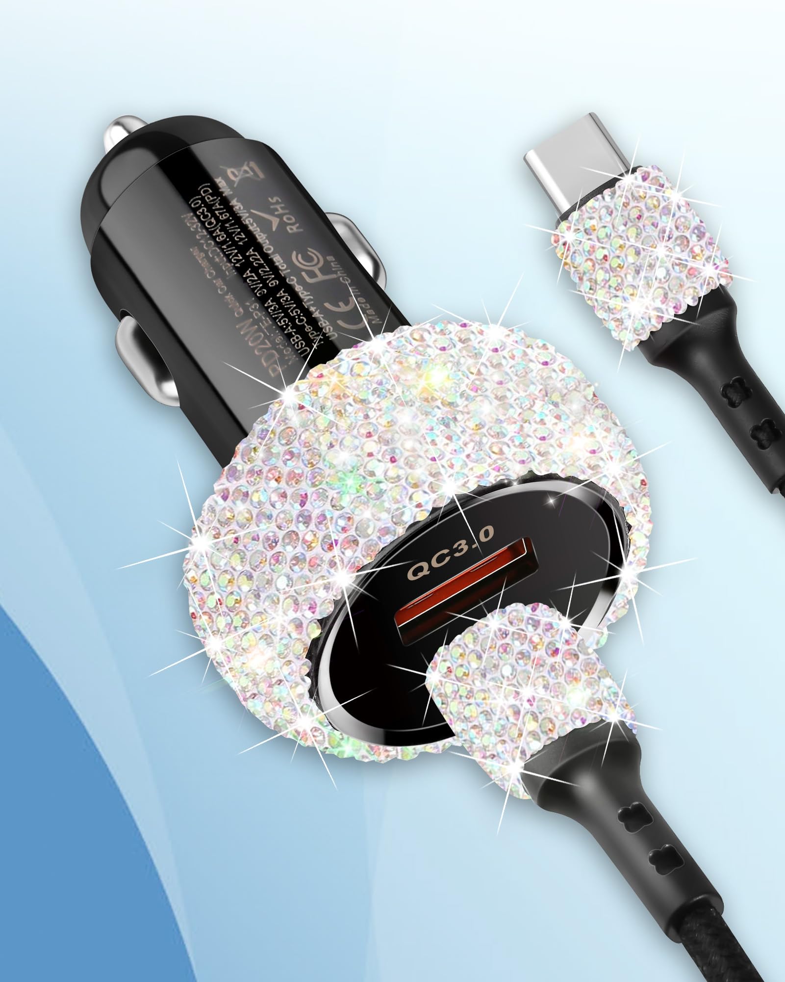 48W PD QC Fast Car Charger with USB-C Cable - Dual Port USB C Car Adapter for iPhone 16/15 Pro Max, iPad, Samsung Galaxy & Android Phones - Multi-Color Bling Design (Perfect for Road Trips & Daily Commute)