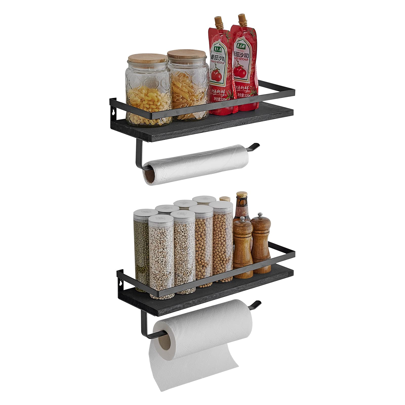 BESy Floating Shelves Set of 2 - Wall Mounted Storage Shelves with Towel Rack & Paper Towel Holder - Matte Black Metal Frame for Kitchen & Bathroom Organization - Perfect for Small Spaces & Home Decor