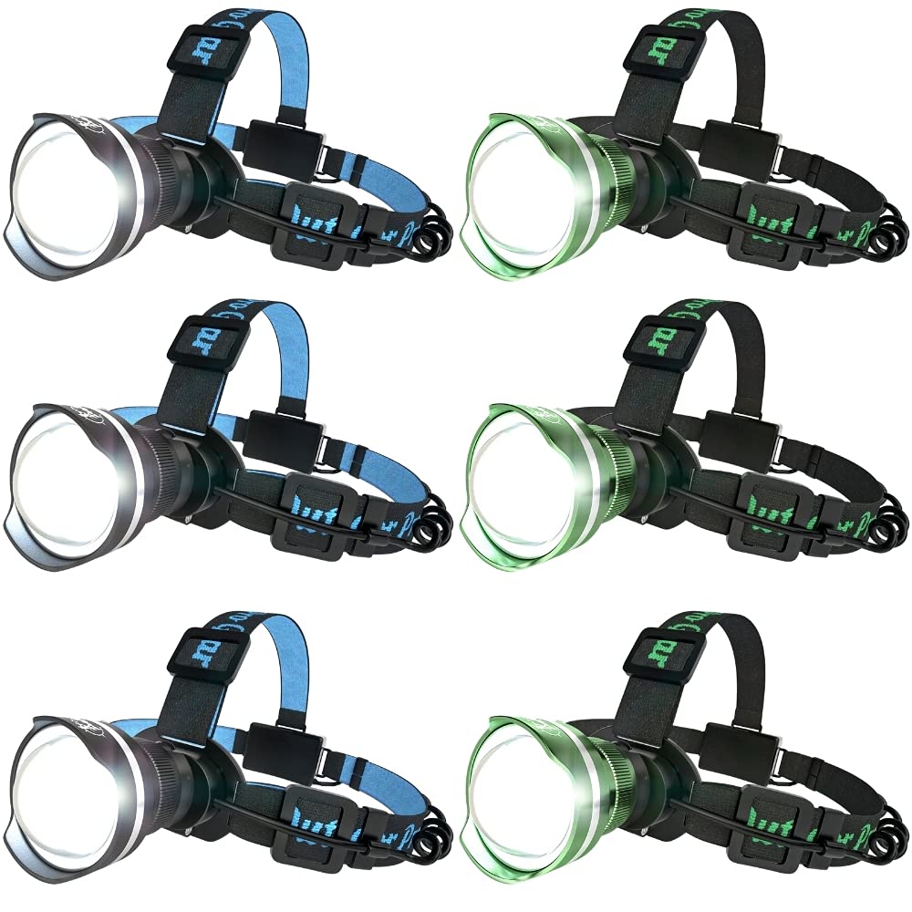Outdoor Pro Gear 6-Pack LED Headlamps - Super Bright Adjustable Headlight with Zoomable Spotlight & Wide Flood Beam - Perfect for Camping, Hiking, BBQ, Night Fishing & Family Outdoor Activities (3 Black + 3 Green)