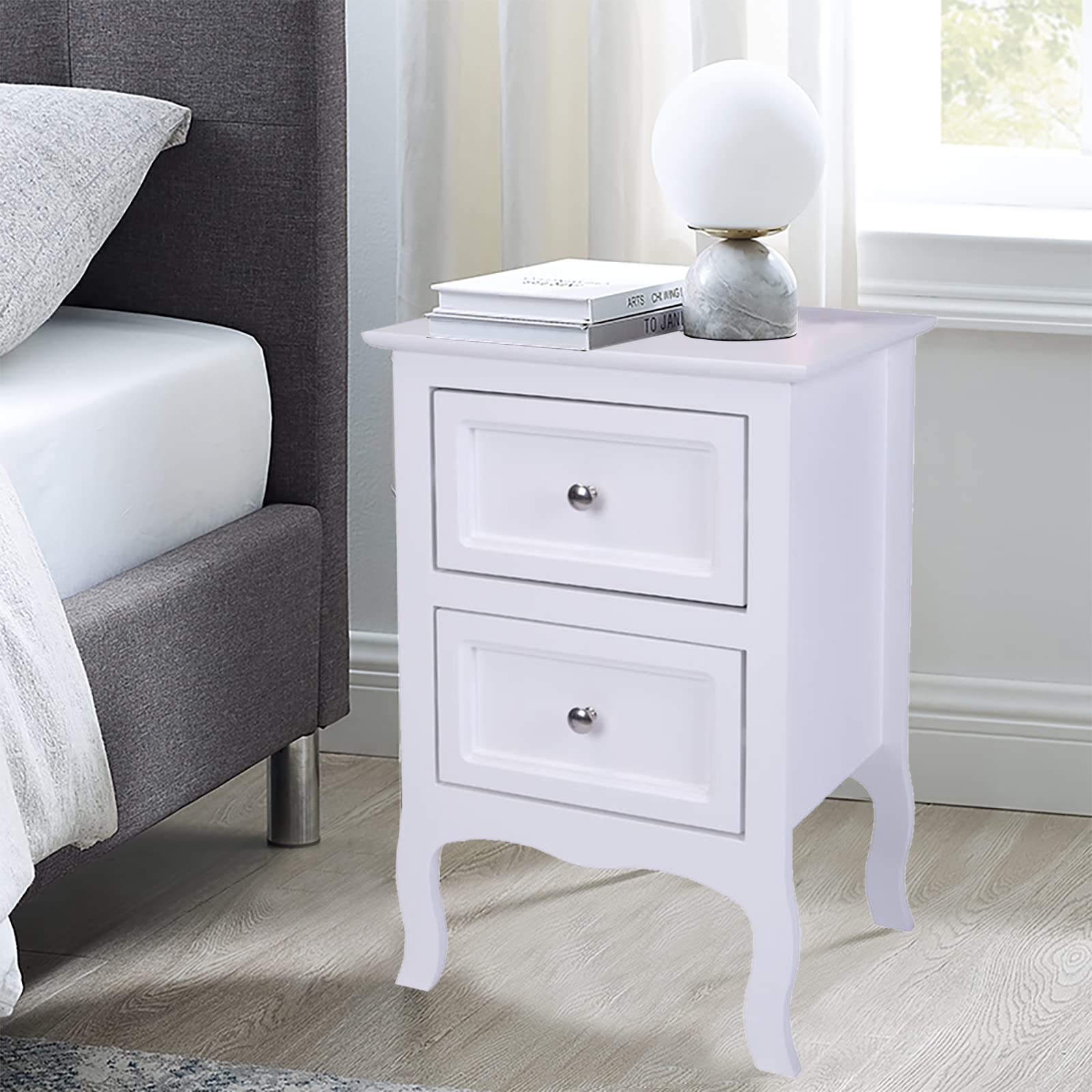 Mid Century Modern Nightstand with 2 Drawers & High Legs - Solid Wood Bedside Table for Bedroom, Living Room End Table, Office Side Table - White Home Furniture for Small Spaces & Apartment Decor