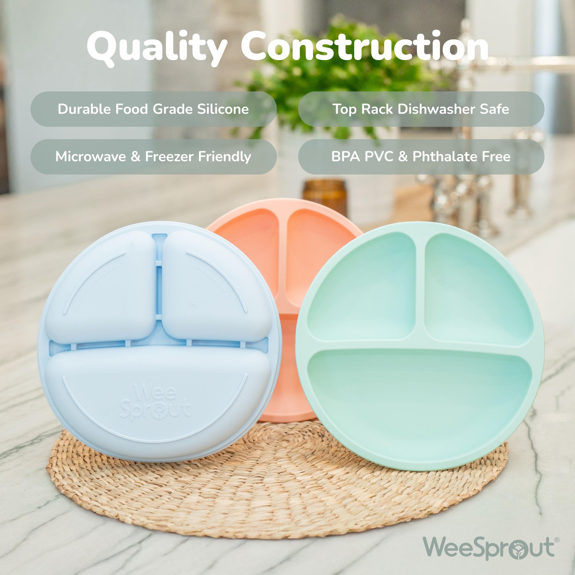 WeeSprout Silicone Divided Plates for Toddlers & Kids - 100% Food Grade, BPA-Free, Dishwasher & Microwave Safe Baby Plates - Perfect for Home, Travel, and Daycare Use