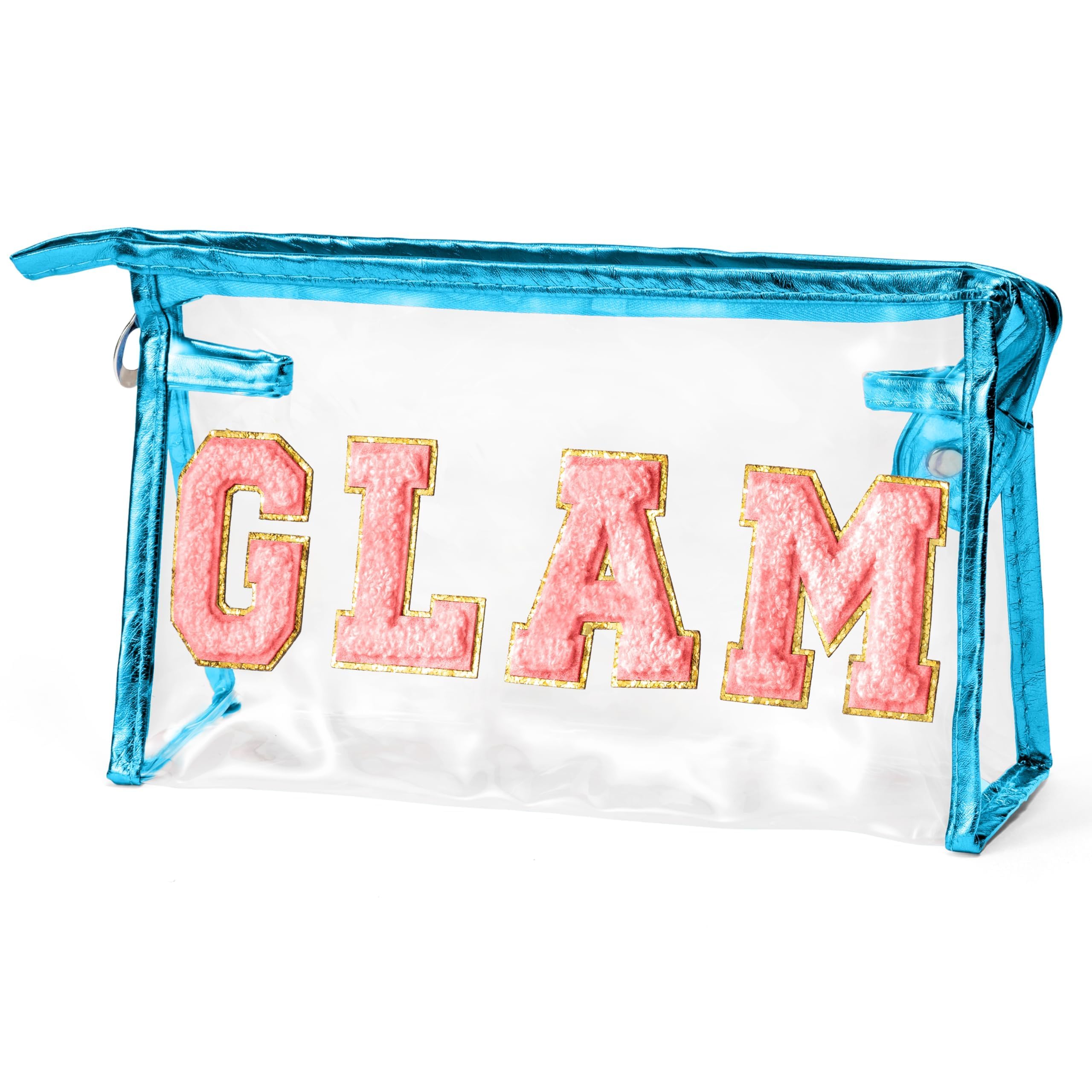 Preppy Patch Cosmetic Bag - Chenille Varsity Letter Makeup Pouch, Waterproof PVC Zipper Toiletry Kit for Women | Portable Travel Organizer, Transparent Cosmetic Case | Perfect for School, Gym, Beach & Vacation (Blue Glam)