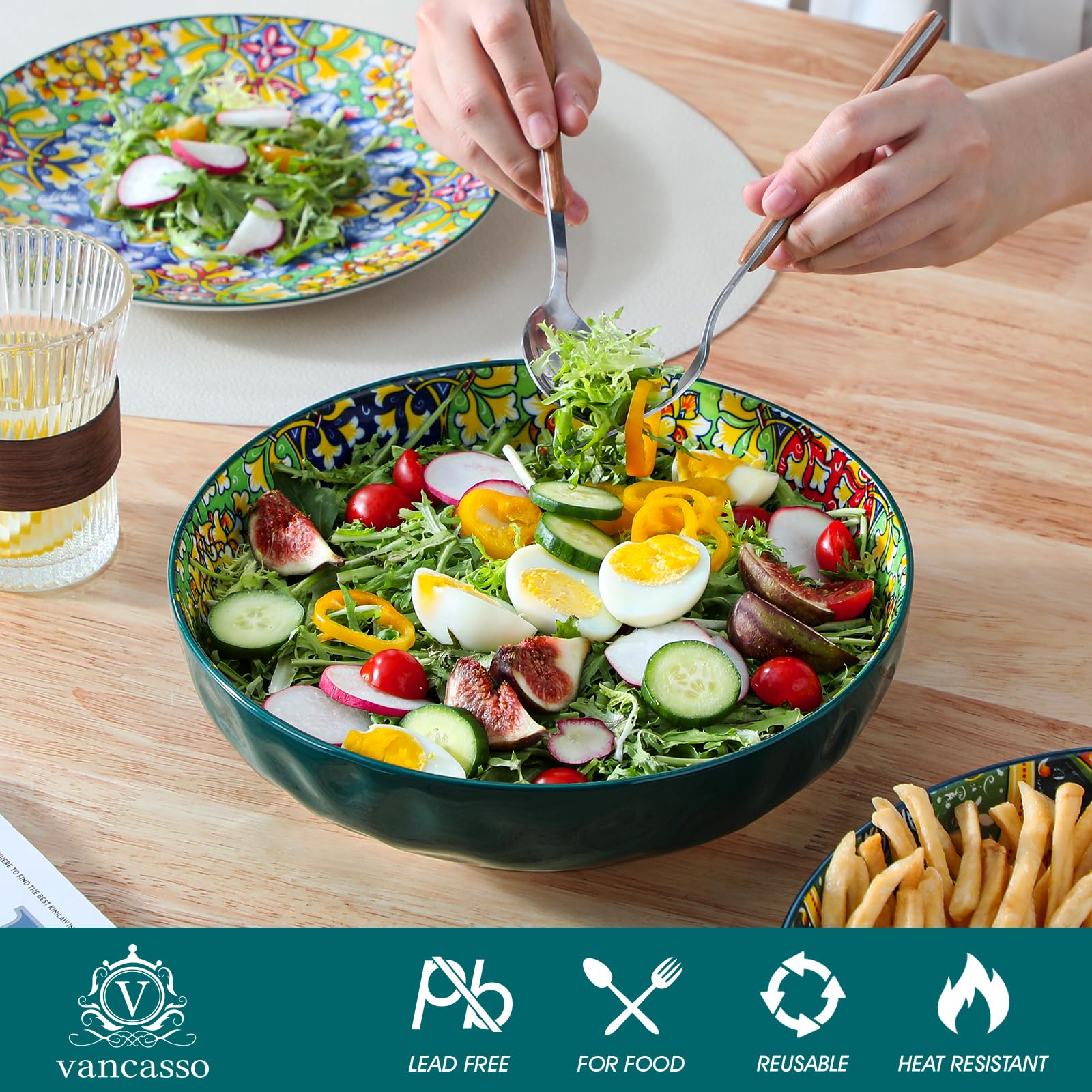 Vancasso 78oz Large Serving Bowls Set of 2 - Extra Big Salad Bowls for Pasta, Fruit & Dinner - Bohemian Style Decorative Dishwasher & Microwave Safe Bowls - Perfect for Parties, Family Gatherings & Restaurant Use - Green
