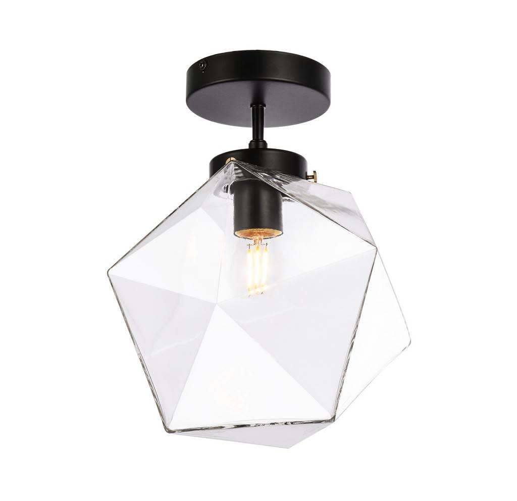 Lawrence 1-Light Mid-Century Modern Metal Flush Mount Ceiling Light in Black/Clear Glass - Perfect for Living Room, Bedroom & Hallway Lighting