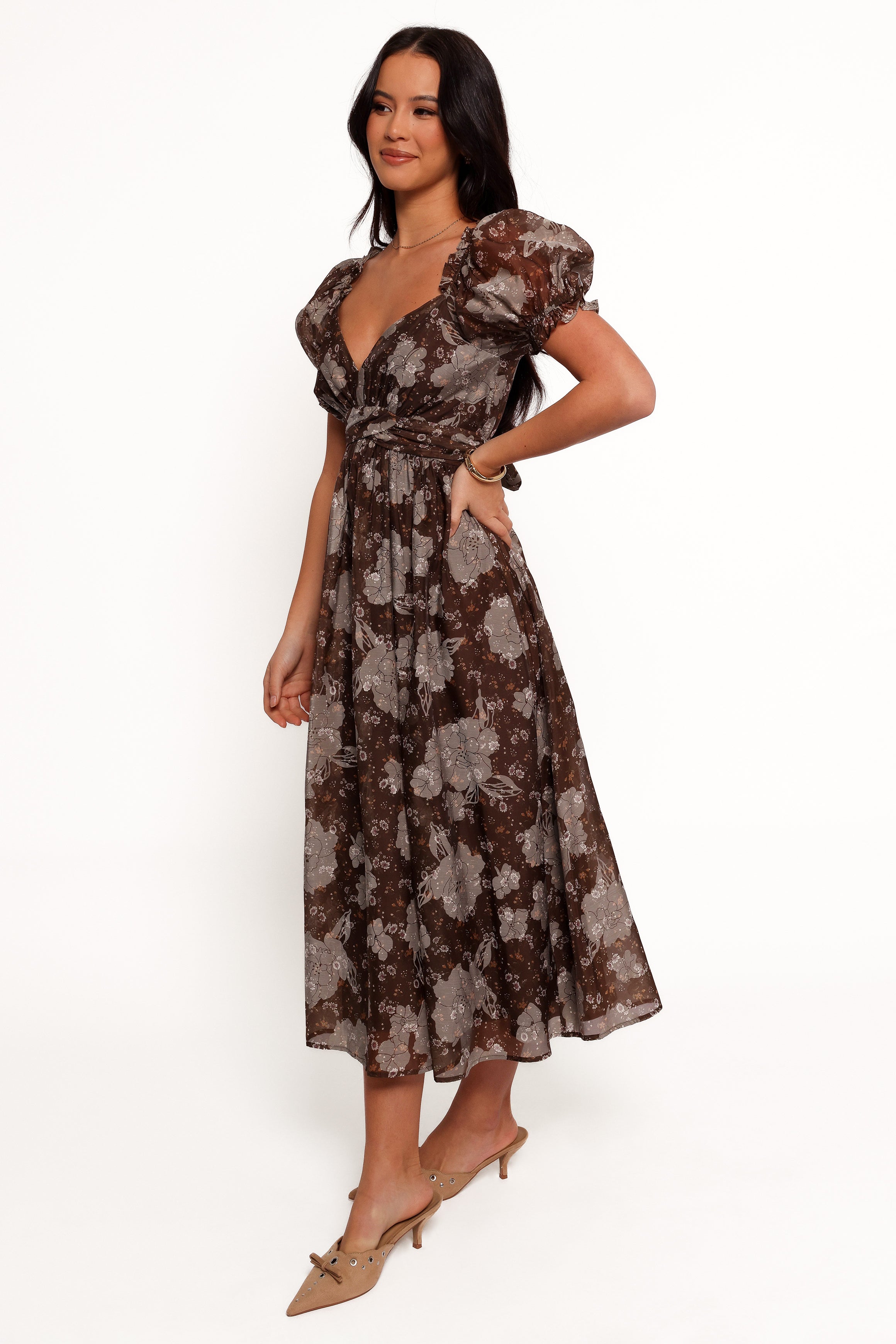 Farryn Women's Maxi Dress - Elegant Brown & Grey Flowy Long Dress for Summer, Beach, Parties & Casual Wear
