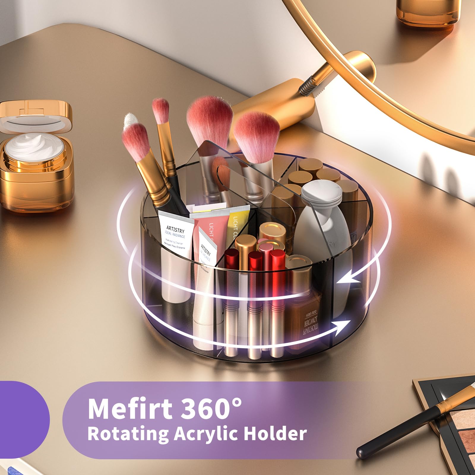 360° Rotating Acrylic Pen & Marker Holder - 6-Compartment Desk Organizer for Art Supplies, Crayons, Office & School Stationery - Perfect for Home, Office & Classroom Organization (Grey)