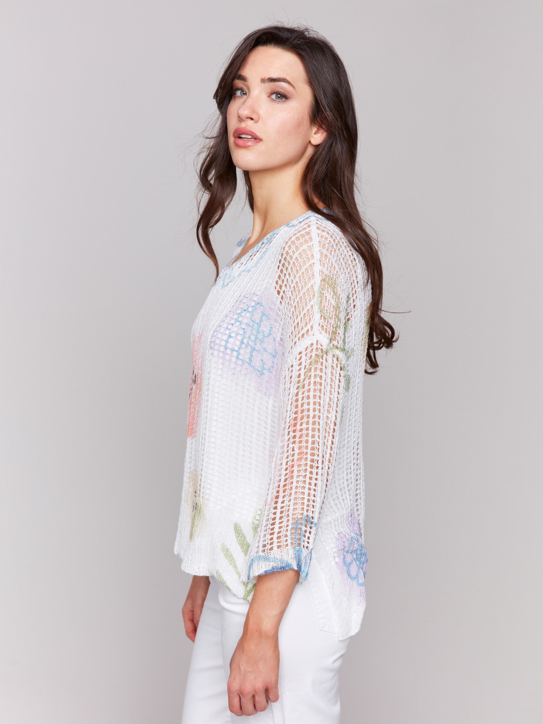 Watercolor Printed Fishnet Crochet Sweater - Trendy Boho Chic Knit Top for Women | Perfect for Music Festivals, Beach Vacations & Casual Outings