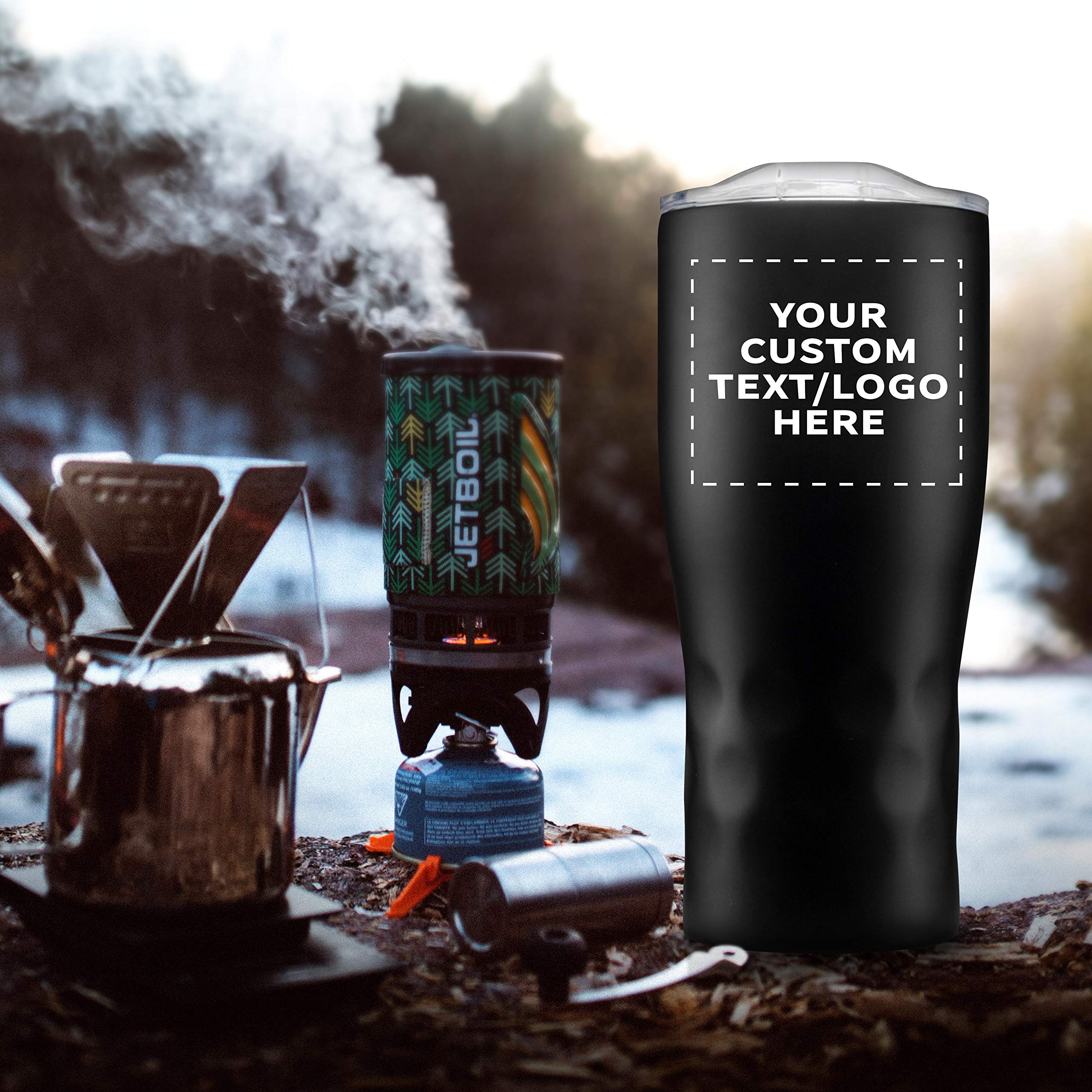 Personalized 25 oz Stainless Steel Tumblers with Huckleberry Grip - 6 Pack Custom Engraved Cups for Name, Logo - Black Insulated Travel Mug for Coffee, Tea, Camping & Office Use