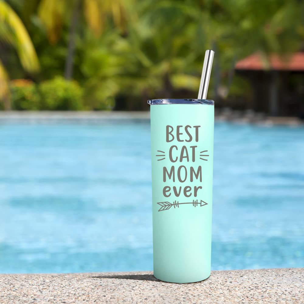20Oz Cat Lover Wine Tumbler with Straw & Keychain - Best Cat Mom Ever Gift for Women, Christmas, Birthday & Mother's Day - Insulated Travel Cup for Cat Themed Lovers (Green) - Perfect for Coffee, Wine & Outdoor Adventures