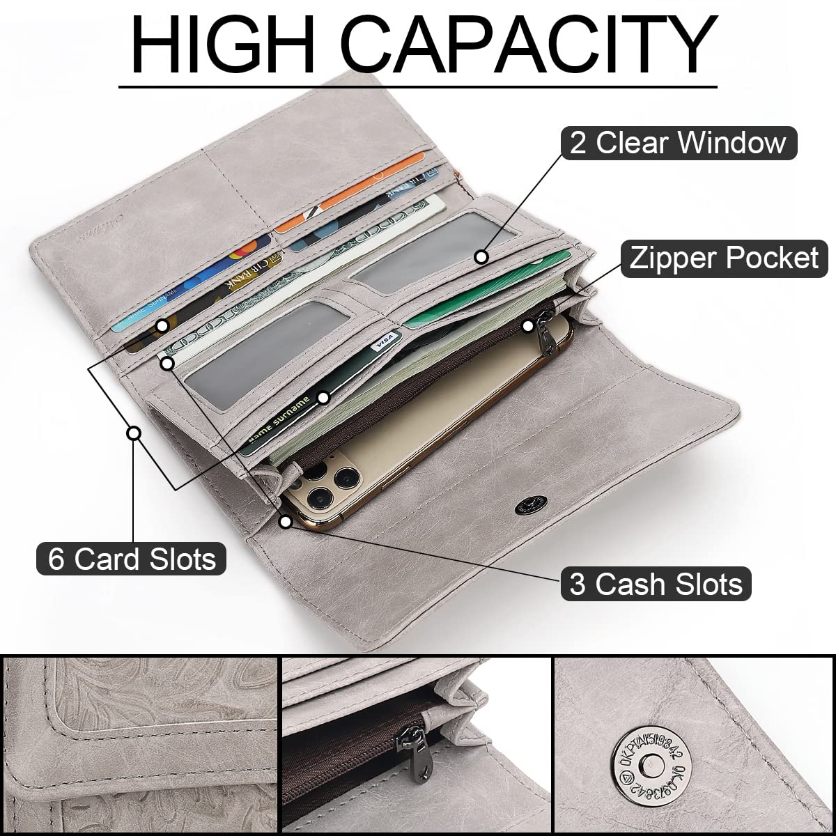 MEITRUE Women's Leather RFID Blocking Wallet - Trifold Ladies Purse with Embossed Design, Long Clutch Card Holder & Phone Pocket - Perfect for Everyday Use, Travel, and Business (Checkbook Organizer Included)