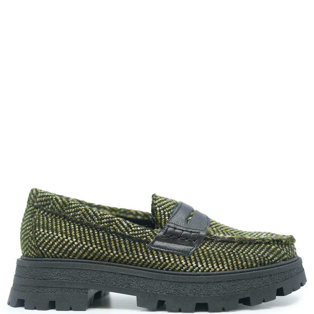 Blublonc Khaki Tweed Chunky Loafer Shoes for Women - Comfortable Slip-On Casual Flats with Rubber Sole - Perfect for Office, Travel & Everyday Wear
