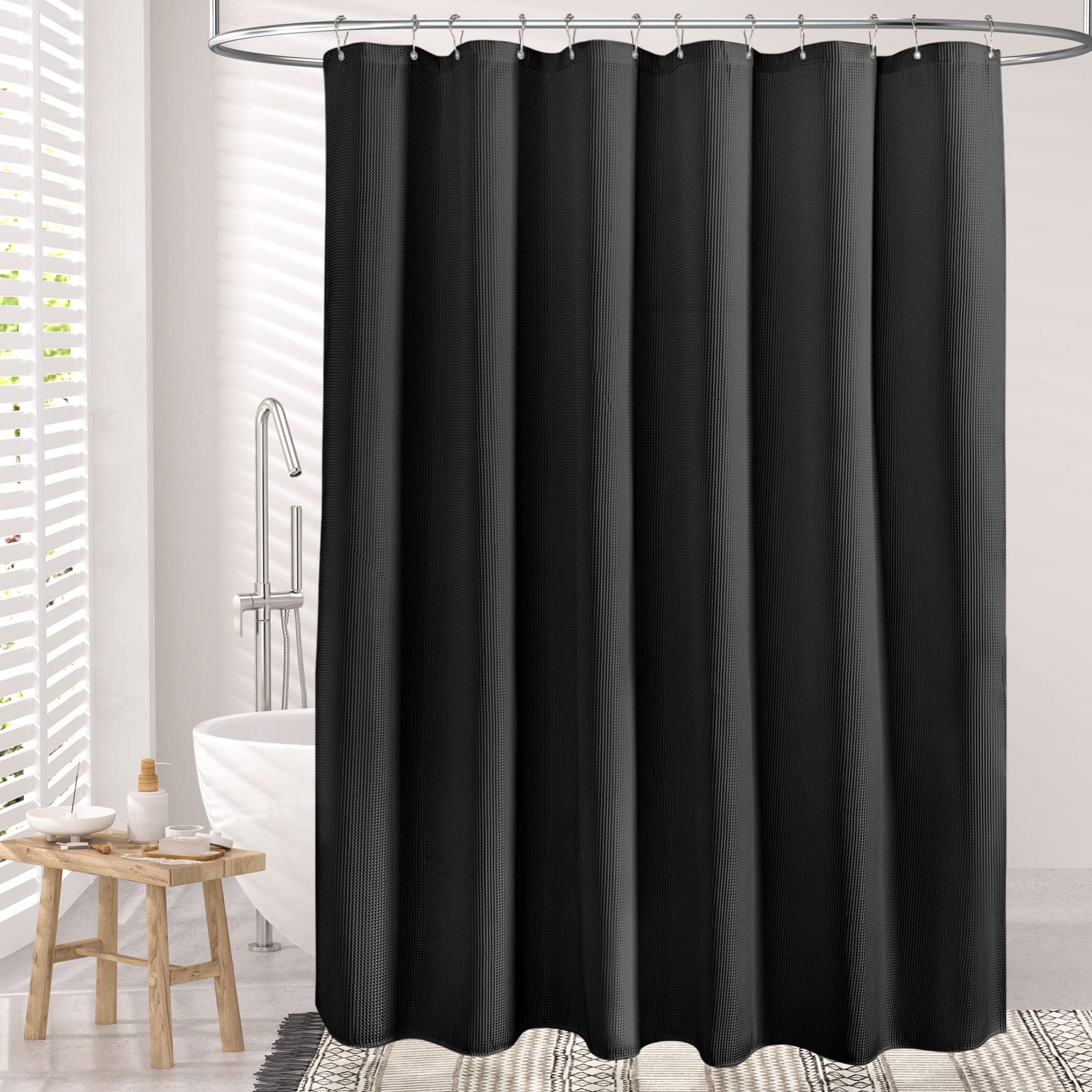 AmazerBath Waffle Weave Shower Curtain - Heavy Duty Hotel Quality Fabric Bathroom Curtain 72x78 Inches, Black - Perfect for Luxury Bathrooms & Spa-Like Showers