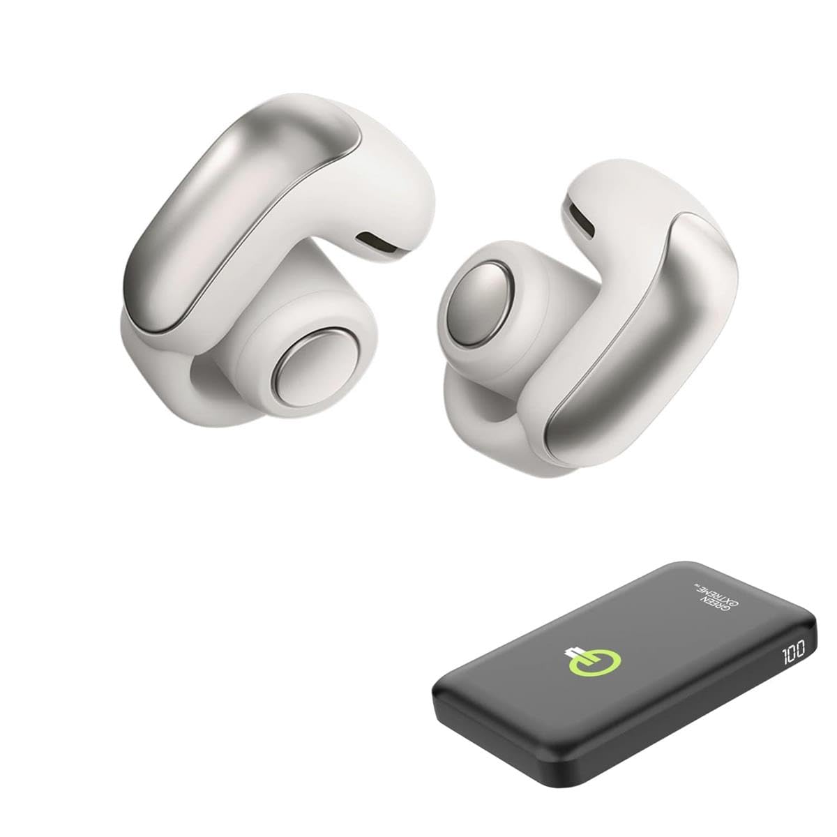 Bose Ultra Open Earbuds with OpenAudio Technology - Wireless Open Ear Headphones, 48H Battery Life, White Smoke & Green Portable Charger - Perfect for Running, Cycling, and Outdoor Activities