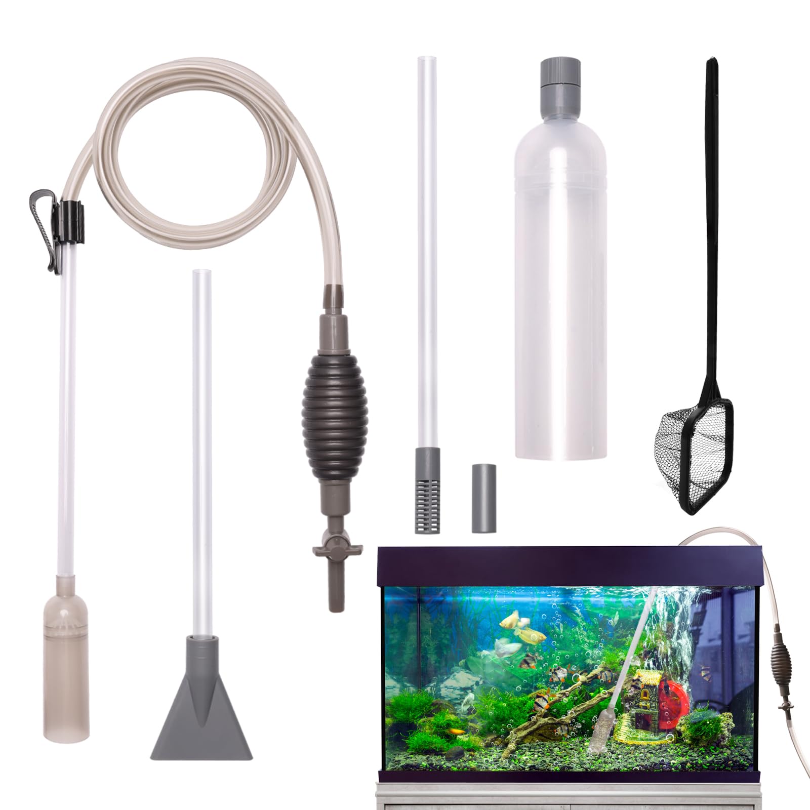 Premium Aquarium Vacuum Gravel Cleaner Kit - Fish Tank Cleaning System with 2 Tubes & Net - Efficient Water & Sand Siphon for Freshwater & Saltwater Tanks - Perfect for 10-50 Gallon Aquarium Maintenance & Water Changes