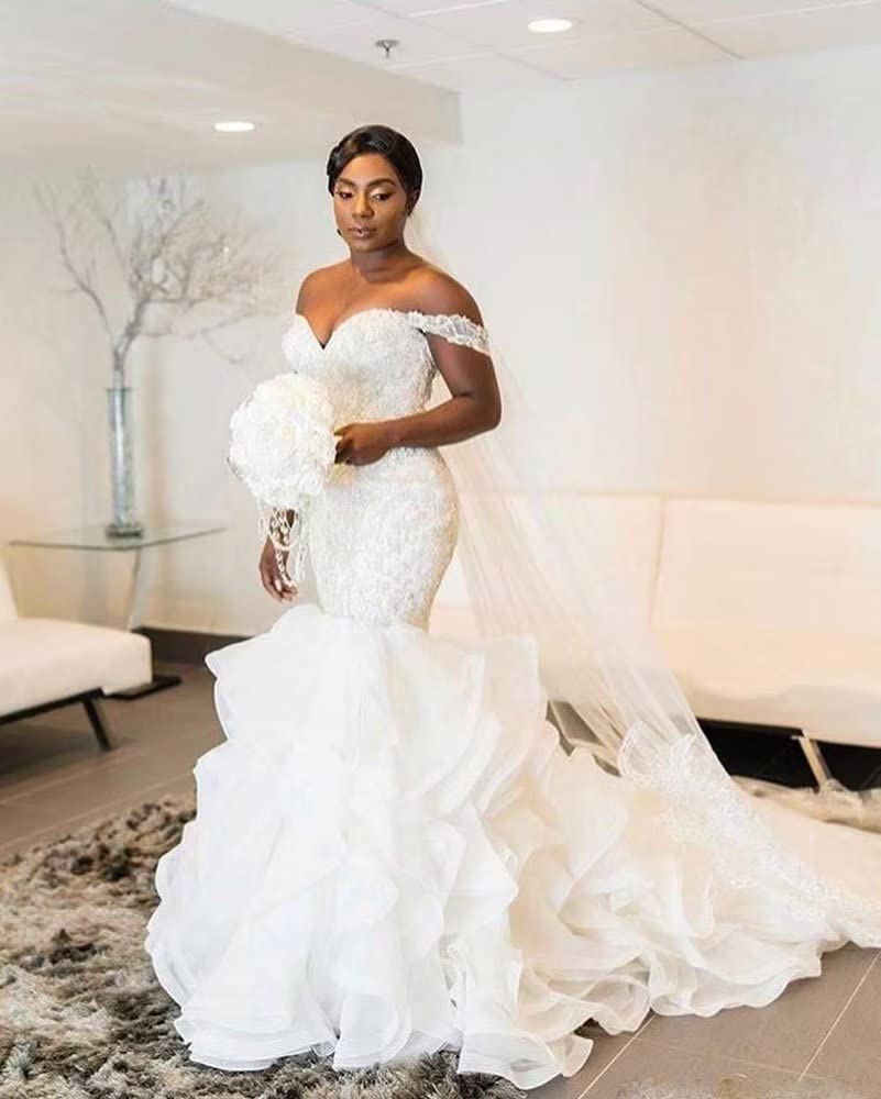 Elegant Off-The-Shoulder White Organza Wedding Dress with Lace Details - Mermaid Silhouette Bridal Gown for Women - Perfect for Beach Weddings, Church Ceremonies, and Romantic Photoshoots