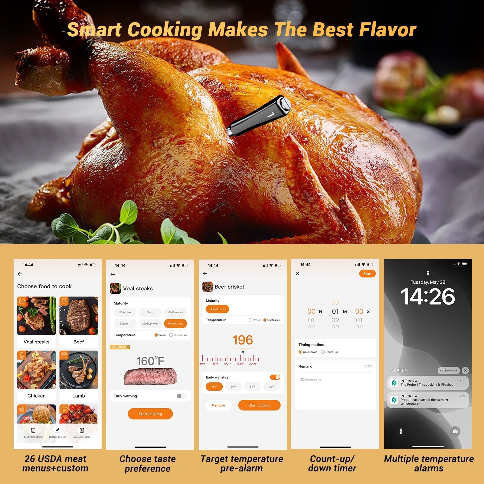 Wireless Meat Thermometer with WiFi & Bluetooth - INT 14 BW - Perfect for Grilling, Smoking, and Roasting at Home or Outdoor BBQ