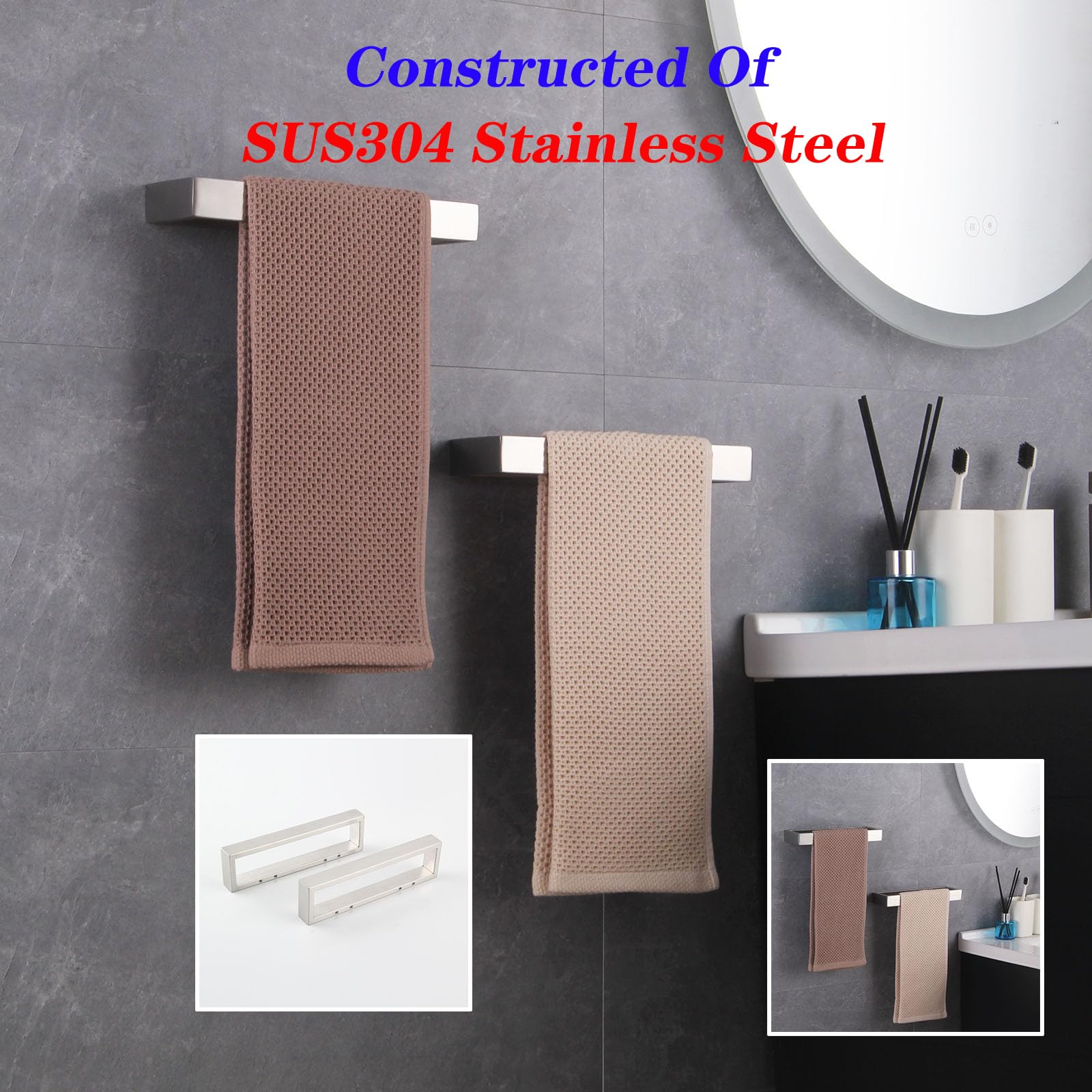Modern Square Towel Holder - Brushed Stainless Steel Wall Mounted Towel Hanger & Ring Set (2 Pack) - Bathroom Accessories for Spa, Hotel & Home Decor - HG1716-2LS