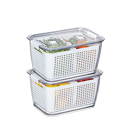 2PCS Large Capacity Drainable Storage Box with Lid - Food Storage Container for Vegetables, Fruits & Kitchen Organization - Perfect for Fridge, Pantry & Cabinet (Gray, 2 Pack)