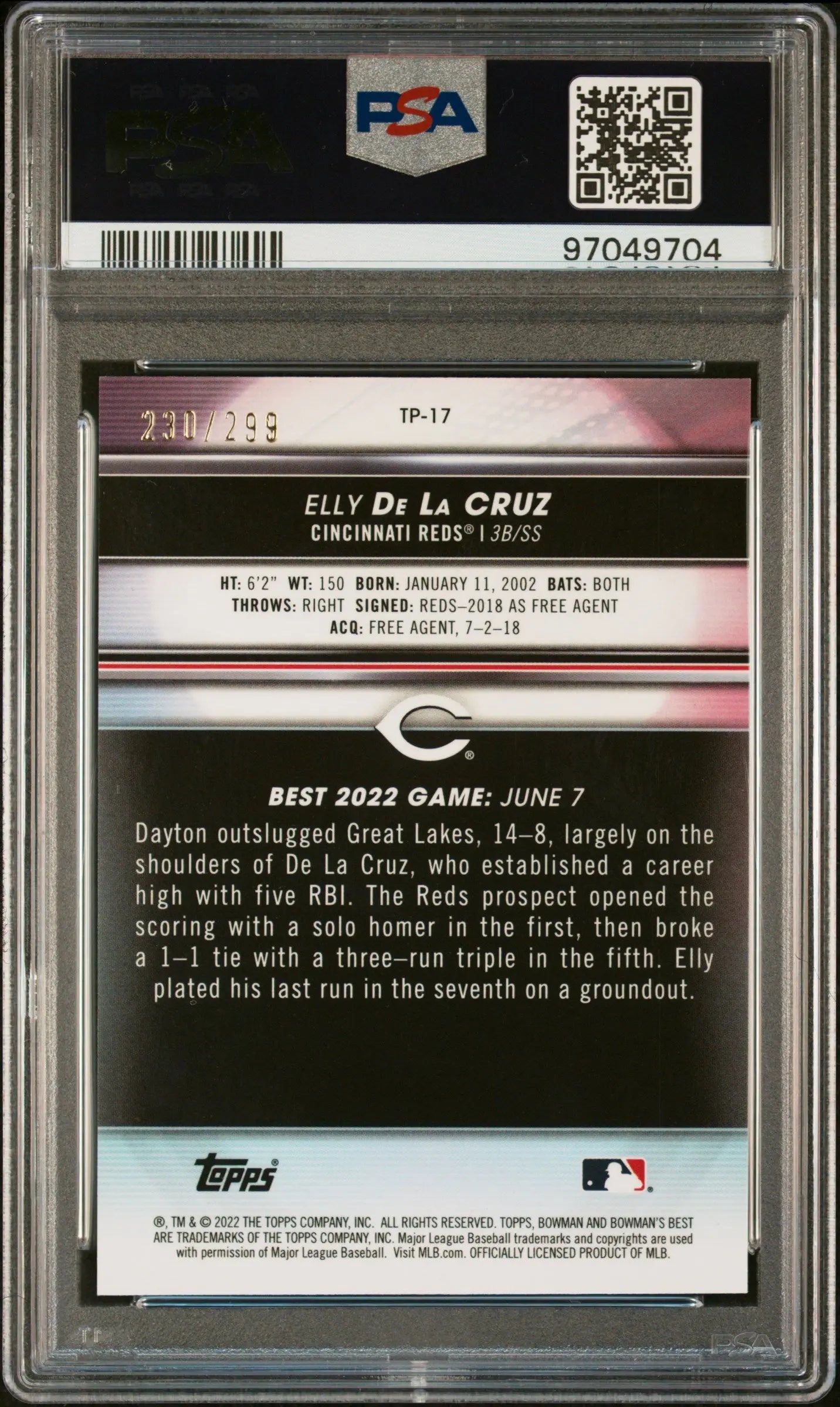 2022 Bowman's Best Elly De La Cruz TP Mini Diamond Refractor PSA 10 /299 - Rare Baseball Card for Collectors & Investors - Perfect for Display, Trading, and Portfolio Growth