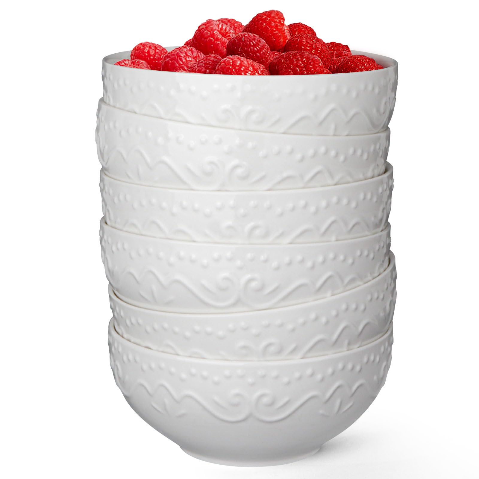 Artena 26oz Ceramic Bowls Set of 6 - 6 Inch White Embossed Soup & Cereal Bowls for Rice, Pasta, Salad | Microwave & Dishwasher Safe Floral Design | Perfect for Breakfast, Lunch, Dinner & Family Gatherings