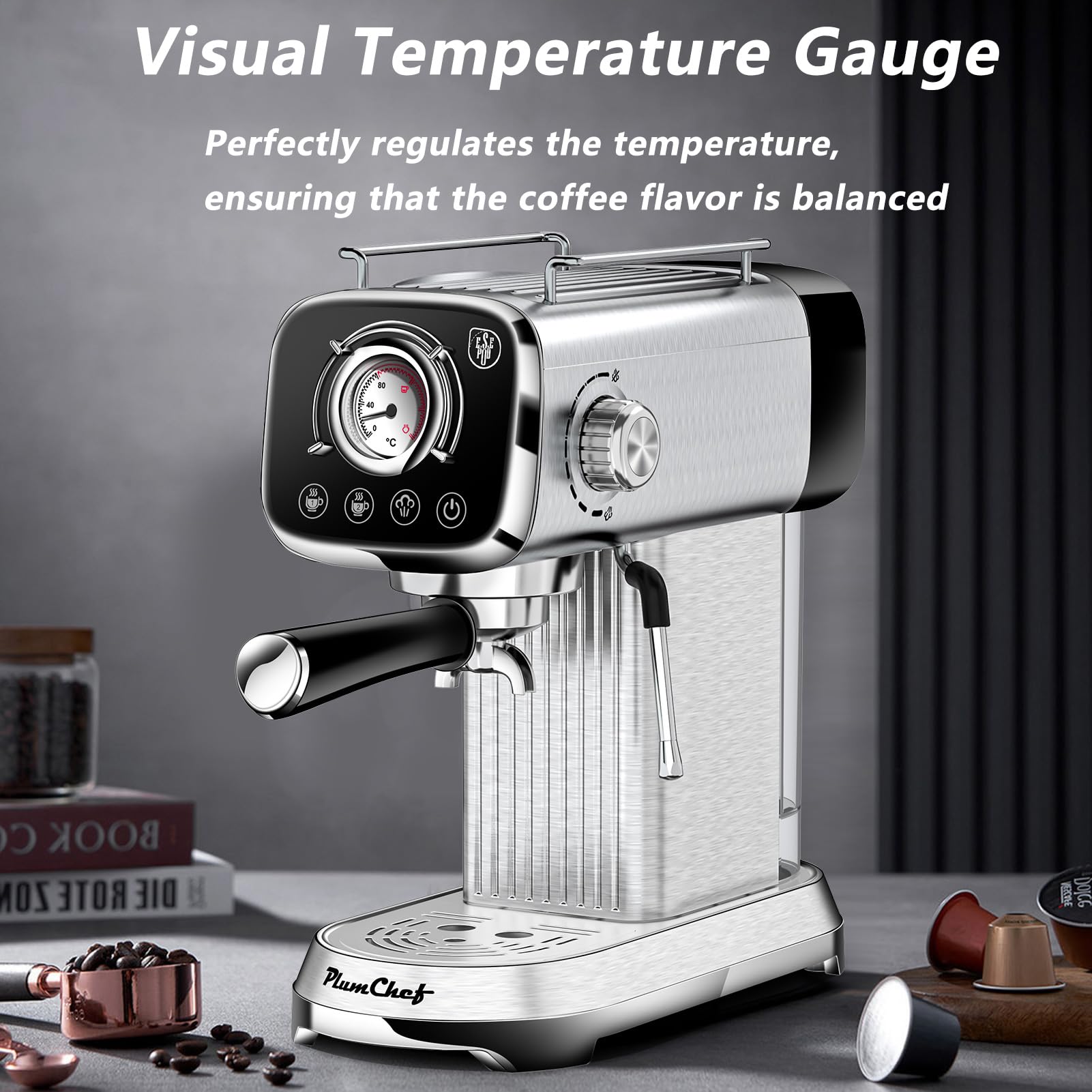 PlumChef 20 Bar Professional Espresso Machine with Milk Frother - Compact Home Coffee Maker, 34oz Water Tank, Steam Wand & Temperature Gauge - Perfect for Latte, Cappuccino & Espresso - Ideal for Home Baristas & Coffee Lovers