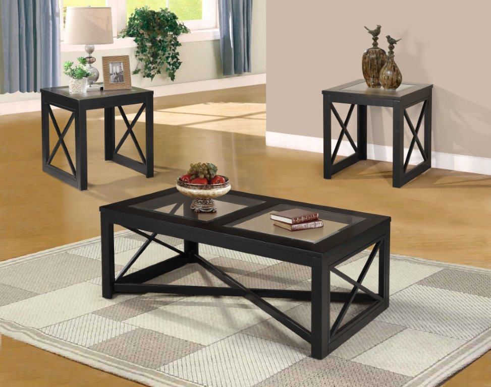 Modern Espresso Wood Coffee Table Set with Tempered Glass Top and X-Shaped Skirts - Perfect for Living Room, Lounge, and Office Decor