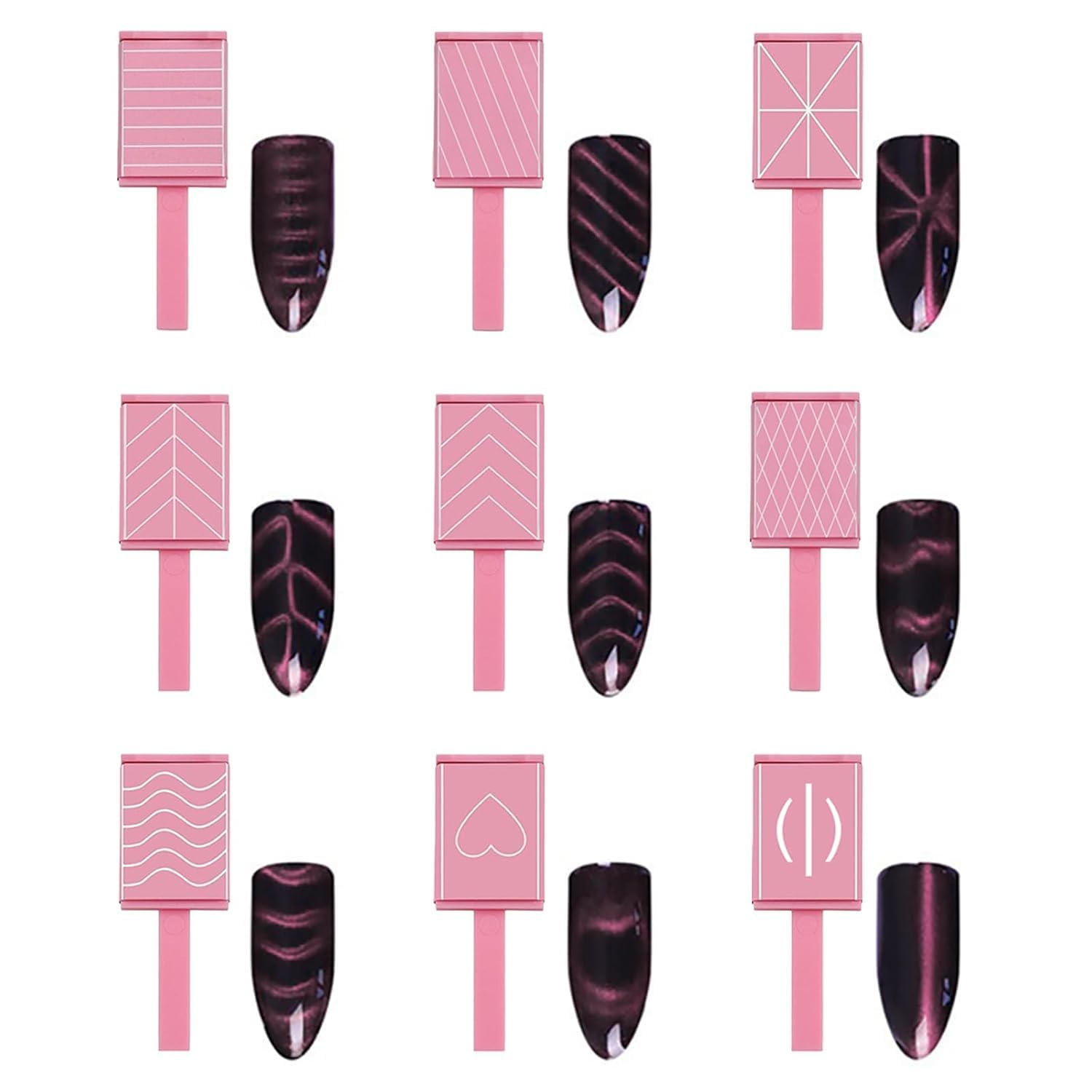 11PCS Cat Eye Gel Nail Polish Kit with 5-in-1 Magnet Tool, 9 Stripe Plates & Magnet Pen - Professional Nail Art Set for Salon & DIY Manicures at Home (Pink) - Perfect for Parties, Weddings & Special Occasions