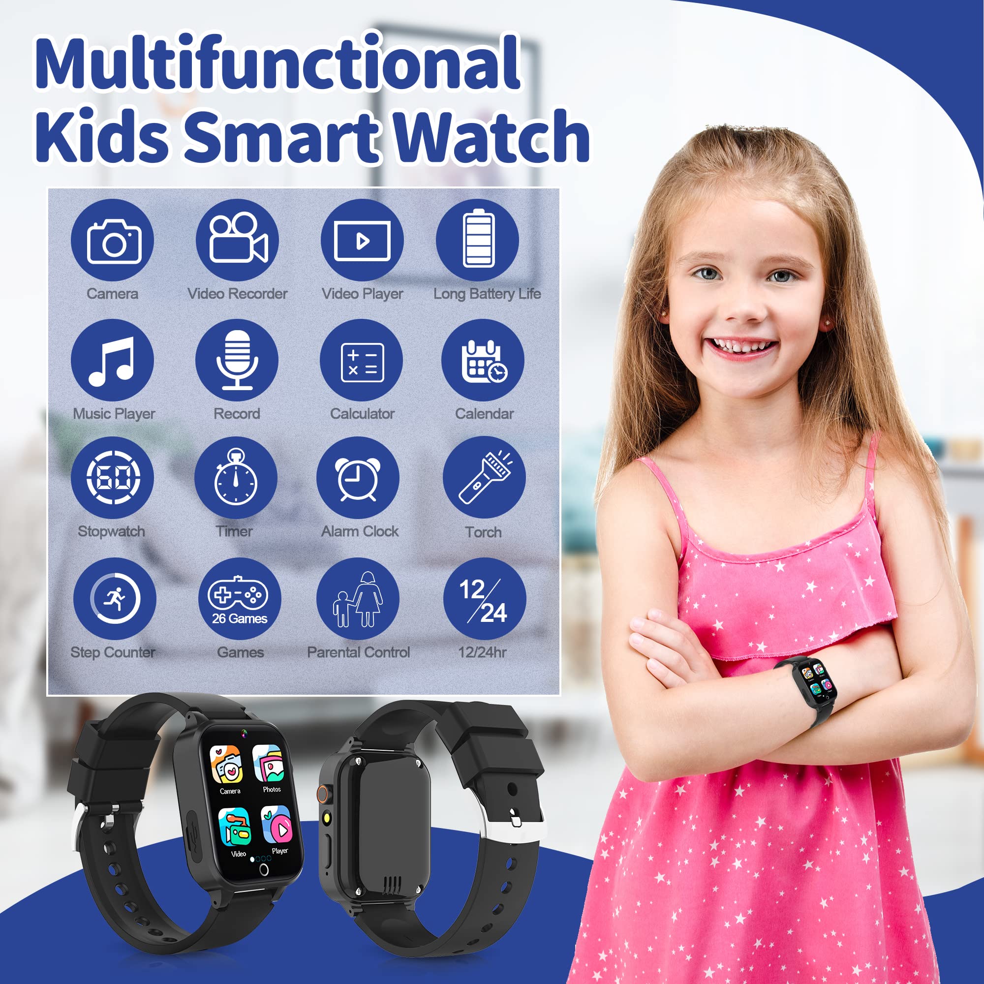 Kids Smart Watch for Boys & Girls Ages 4-12 - HD Touchscreen, Camera, 26 Games, Music Player, Step Counter | Waterproof GPS Tracker Smartwatch | Perfect Birthday Gift for Kids | Great for Outdoor Play, School Activities & Daily Safety Monitoring