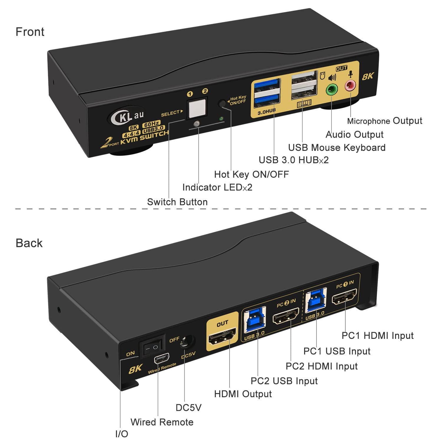 CKLau 2 Port USB 3.0 HDMI 2.1 KVM Switch - 8K@60Hz 4K@144Hz with Audio Output & Cables - Share 2 Computers on 1 Monitor with Keyboard & Mouse - Perfect for Gaming, Home Office & Multi-Device Workspaces
