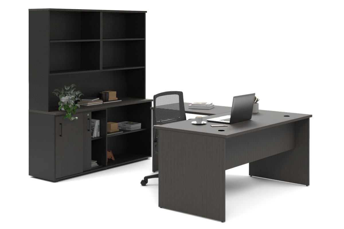 L-Shaped Executive Desk with Uniform Panel - Black Carcass [1400L x 1600W] - Perfect for Home Office & Corporate Workspaces