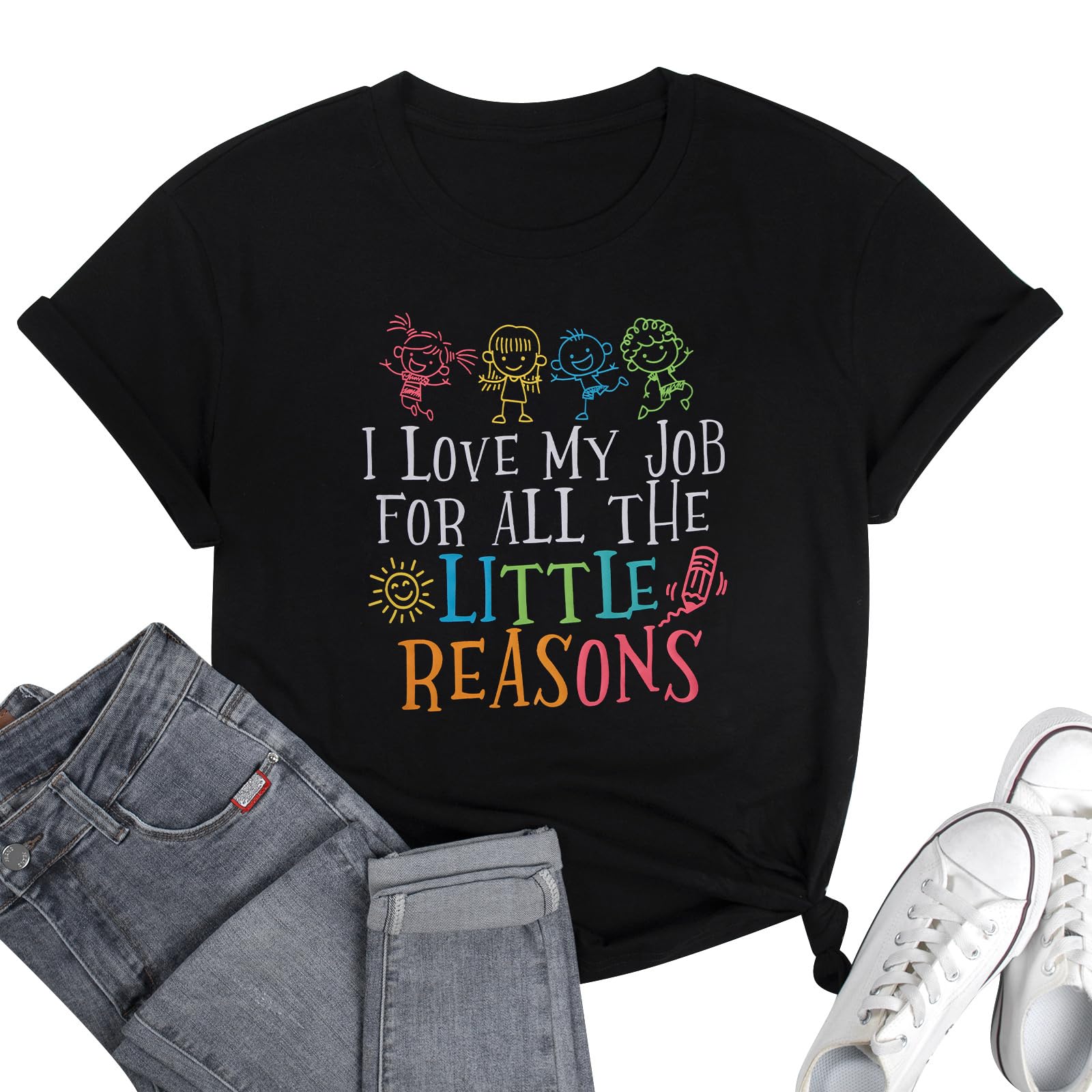Funny Teacher Shirts for Women - 'I Love My Job for All The Little Reasons' Short Sleeve Tee | Cute Teaching Apparel & Educator Gift | Perfect for Classroom, Teacher Appreciation Week & School Events