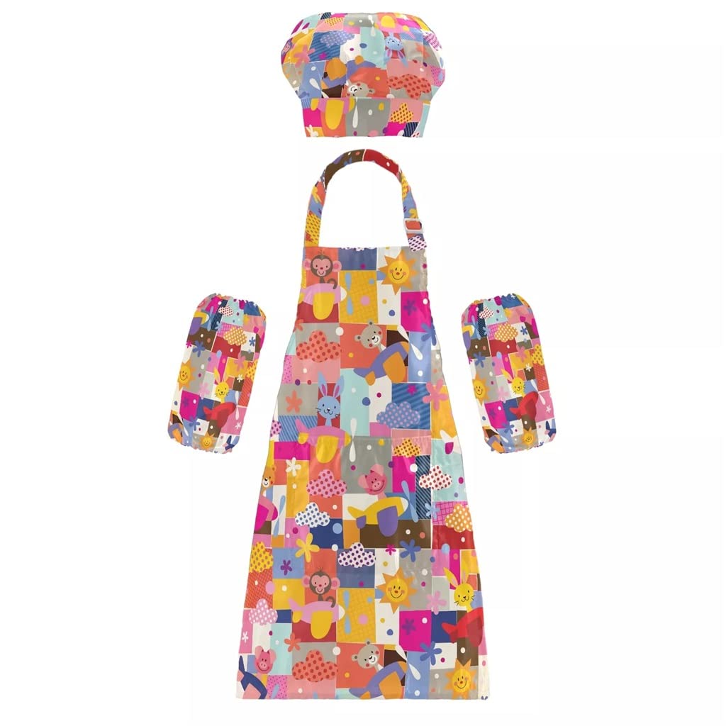 Kids Chef Apron and Hat Set - Solid Color Bib Apron with Front Pocket & Adjustable Cooking Cap - Cartoon Car Print (50x60cm) - Perfect for Baking, Cooking Classes & Pretend Play