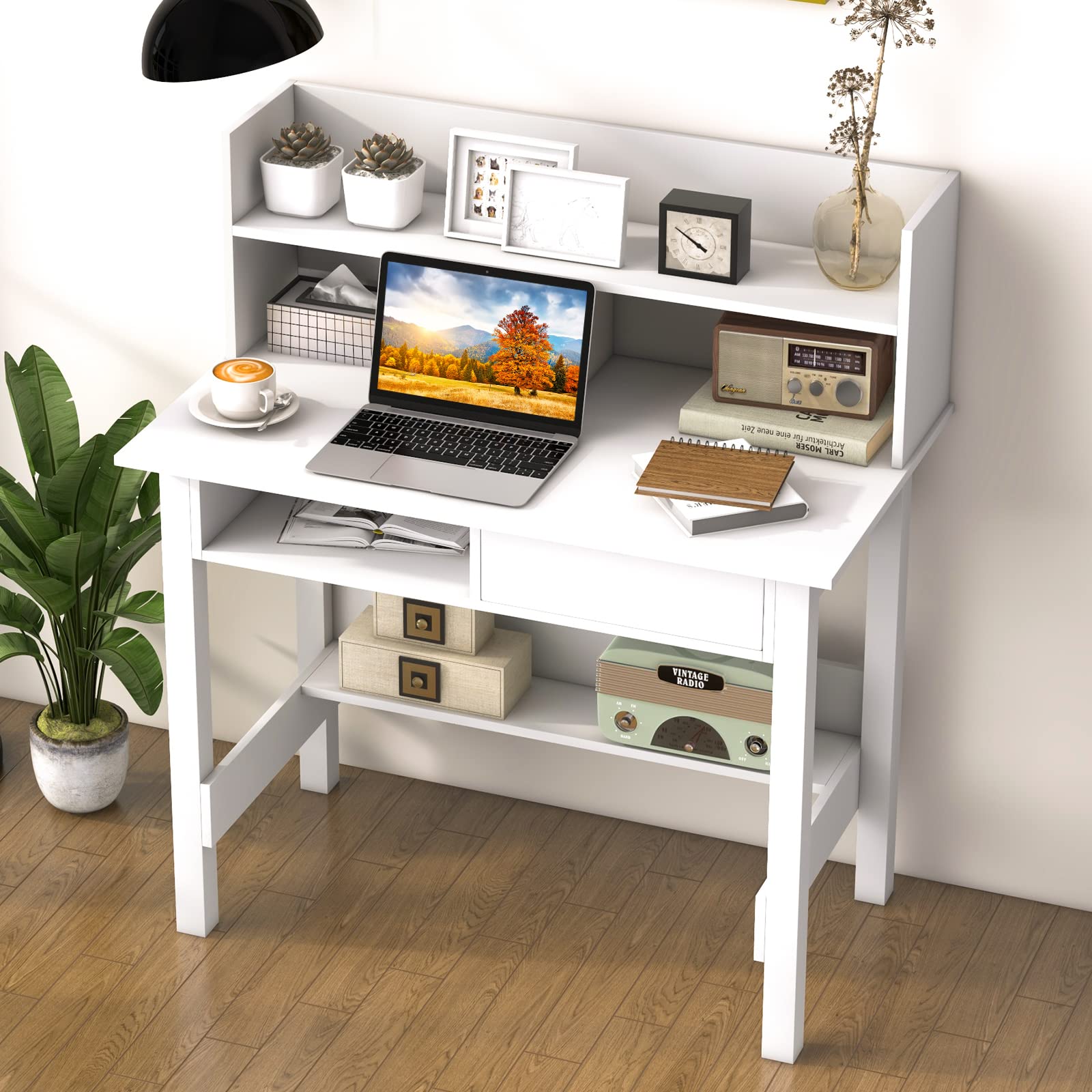Tangkula White Desk with Hutch - Modern Home Office Writing Study Desk with Storage Bookshelf & Drawer, Makeup Vanity Desk for Bedroom, PC Laptop Computer Desk for Working & Studying - Perfect for Small Spaces, Dorm Rooms & Home Offices
