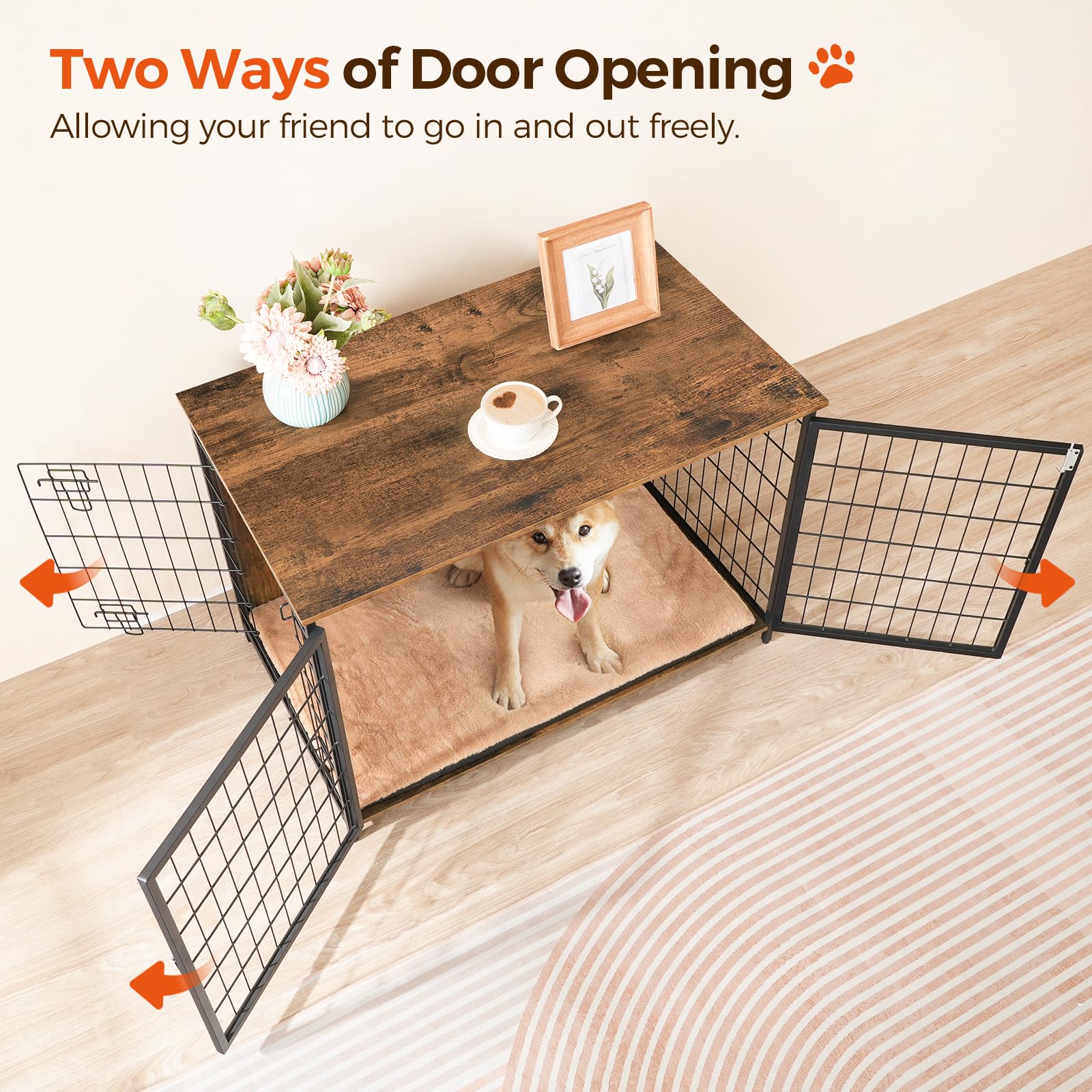 Wooden Dog Crate Furniture with Cushion - Heavy Duty Double Door Dog Kennel for Small Medium Large Dogs - Indoor Dog House End Table 39.4 Inch Rustic Brown DCHR10701 - Perfect for Living Room, Bedroom & Pet-Friendly Home Decor