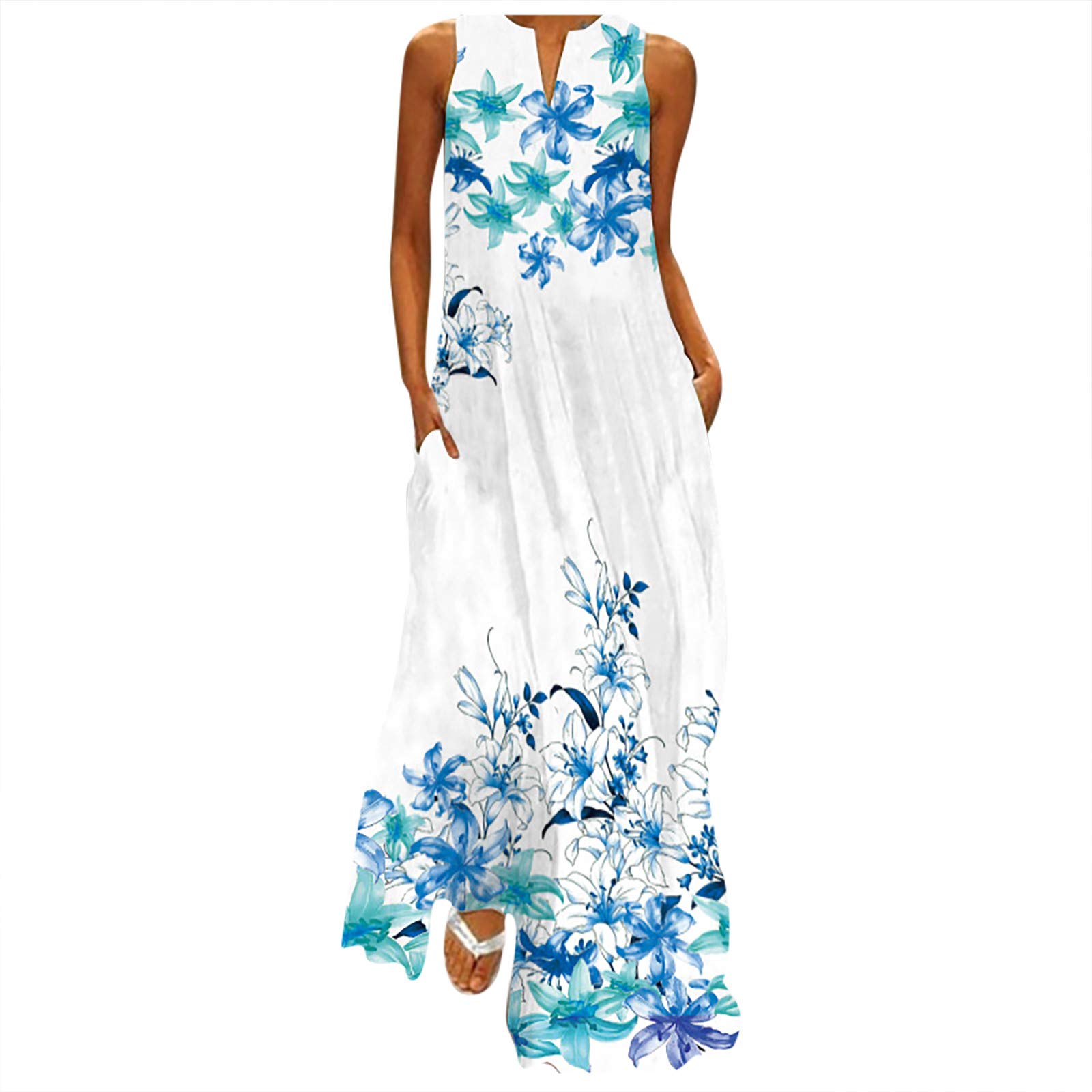 Boho Maxi Dress for Women - Long Sleeveless Gradient V Neck Cami Dress Plus Size 5X-Large Light Blue, Summer Beach Wedding Vacation Dress