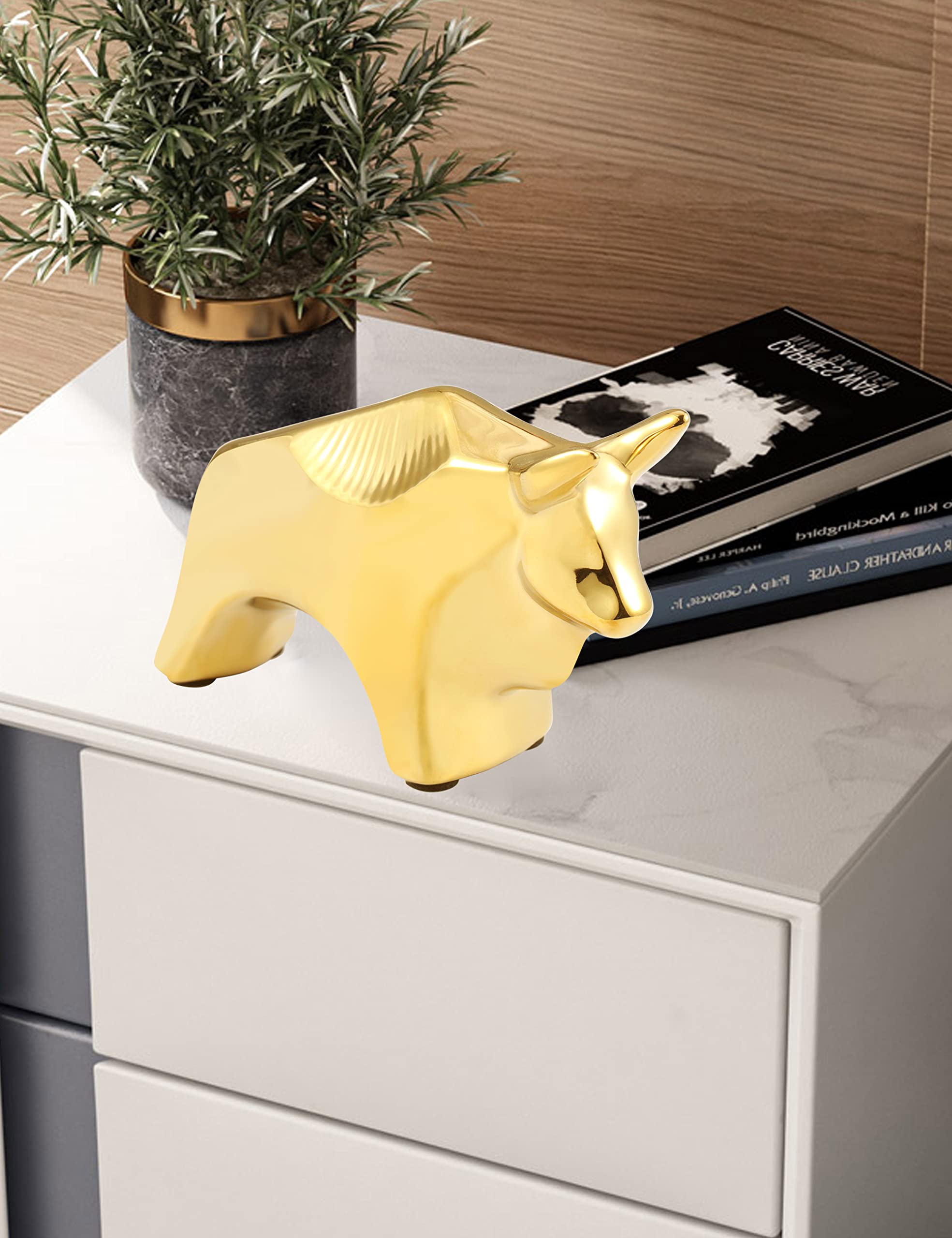 Gold Small Cattle Decor Accents - Modern Ceramic Animal Statues Sculptures for Home & Office | Cute Desktop, Shelf, Table & Cabinet Decor | Perfect for Living Room, Bedroom & TV Stand